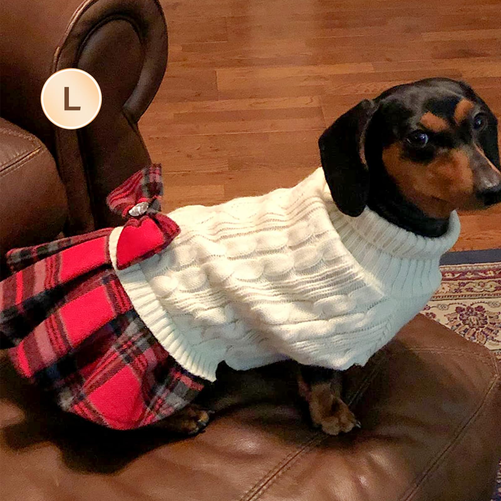 Kyeese Dog Sweater Dress With Bowtie Checkered Turtleneck Dog Sweaters For Small Dogs Warm Pet Sweater Beige