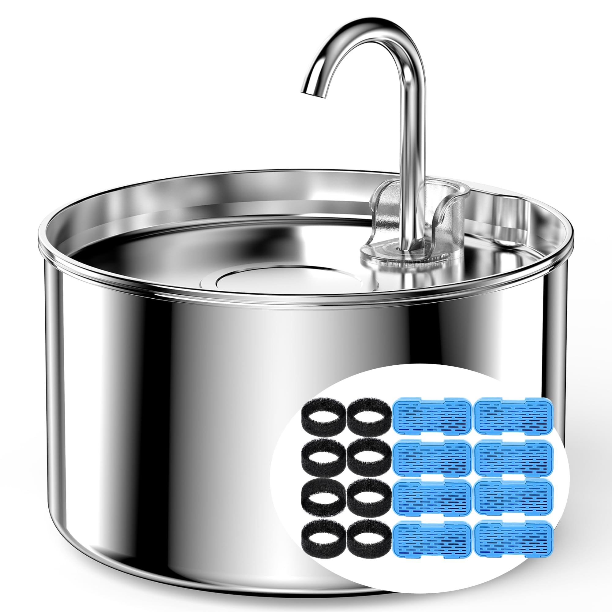 Cat Water Fountain Stainless Steel + 8 Filters + 8 Sponges - Pet Water Fountains Faucet Metal Automatic Cat/Dog Waterer Bowls Pe