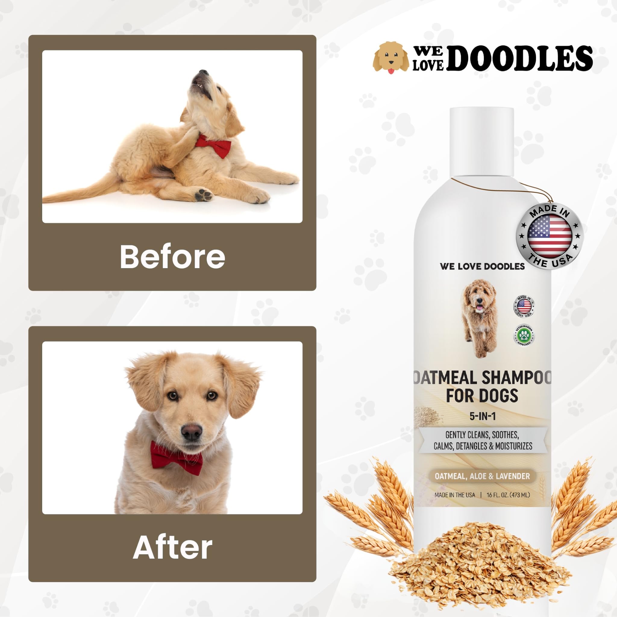5-in-1 Premium Oatmeal Shampoo for Dogs, Gentle for Itchy & Sensitive Skin, Provides Itch Relief, Hypoallergenic & Soothing for