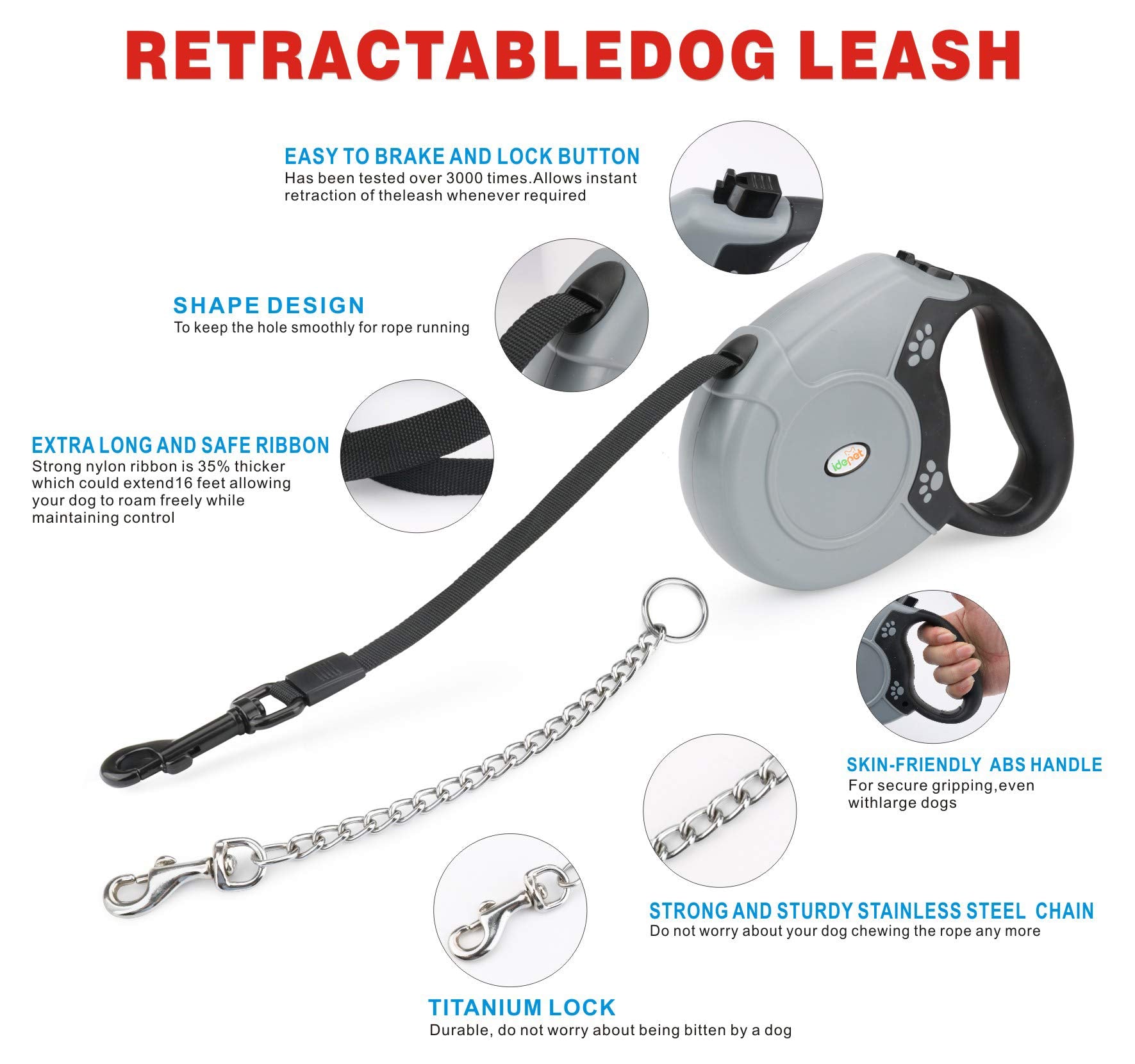 Idepet Heavy Duty Retractable Dog Leash For Small And Medium Dogs, Anti-Chewing Steel Chain 360 Degree Tangle-Free,Break And Lock System,16Ft Leash For Dog Walking (Flat Rope)