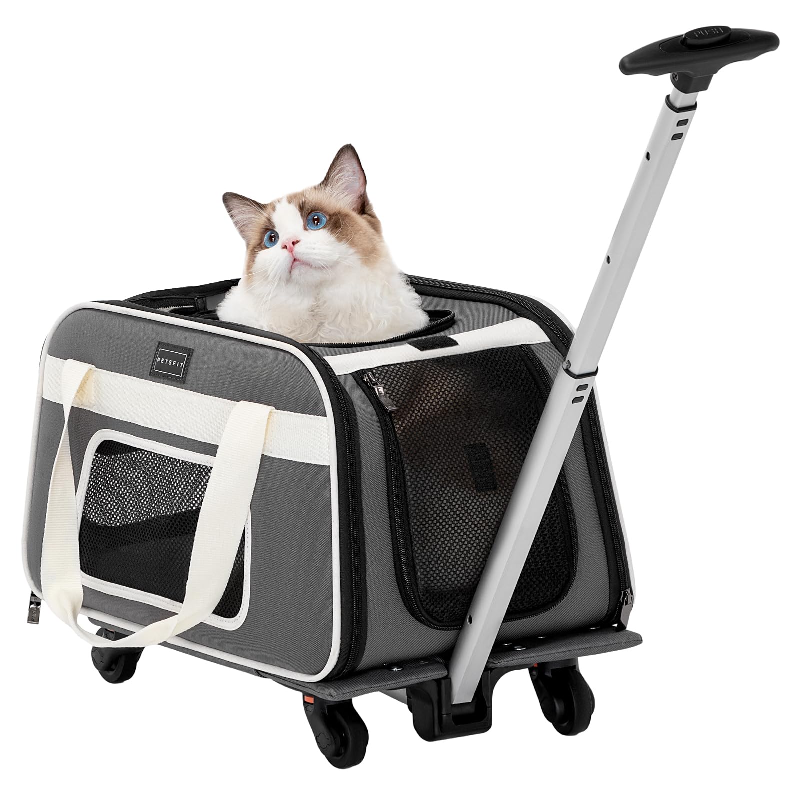 Petsfit Airline Approved Cat Carrier With Wheels Designed For Small Dogs/Cats With Adjustable Safety Rope & Removable Wheels