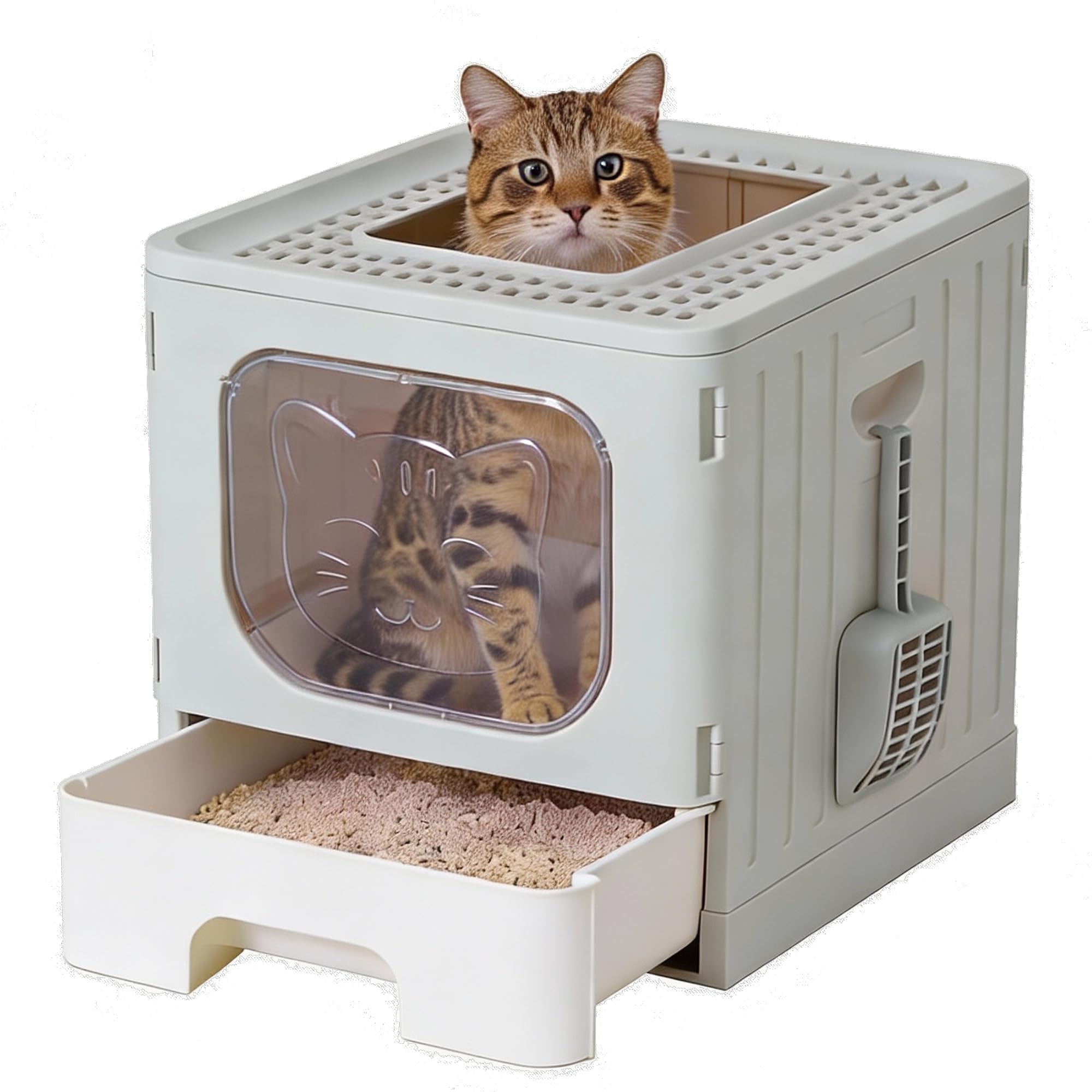 OLIXIS Cat Litter Box with Lid, Large Foldable Cat Box with Scoop, Front Entry Top Exit Kitty Litter Boxs with Door, Easy Cleani