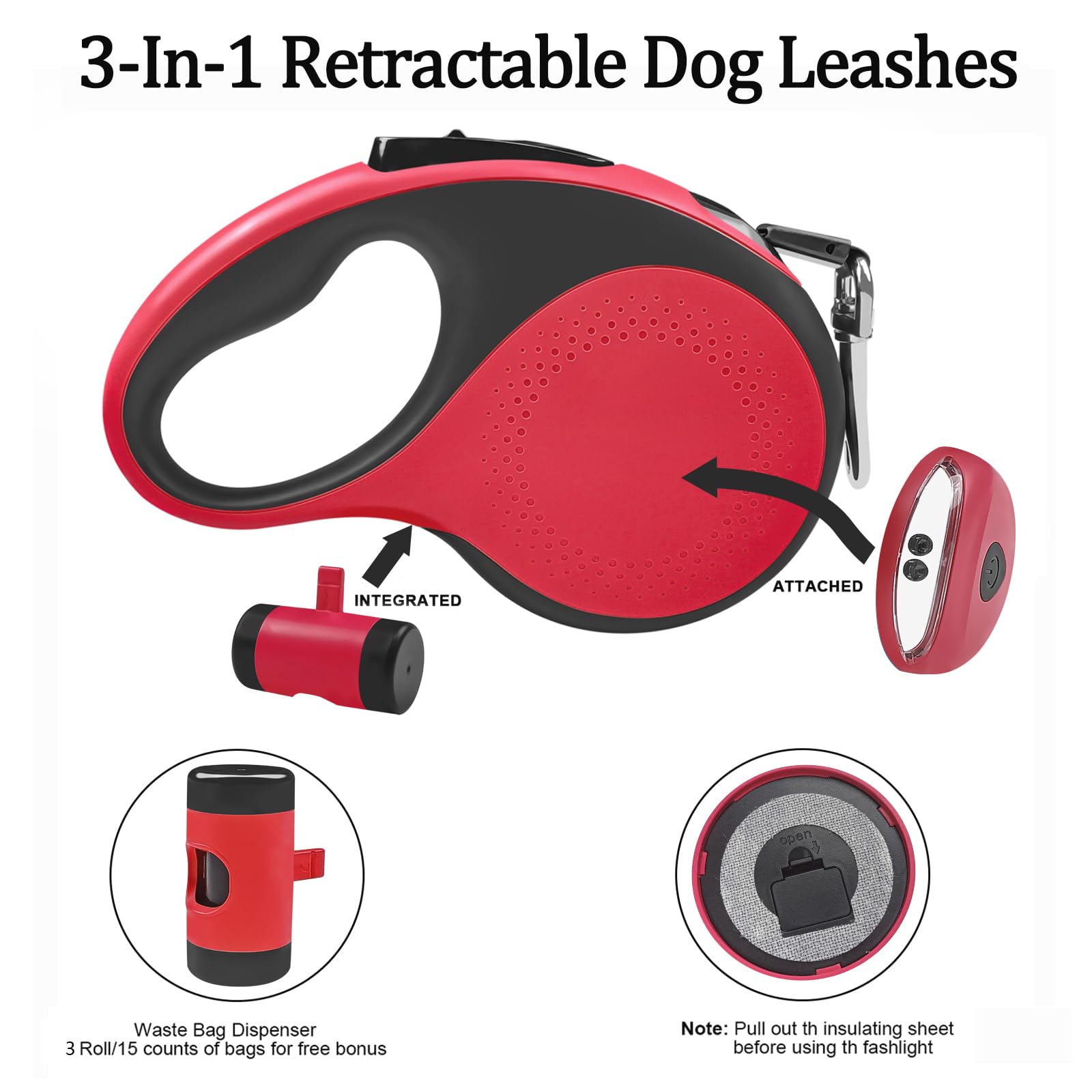 Huhaneon Retractable Dog Leash With Waste Bag Dispenser And Flashlight, 16Ft Dog Leash For Small Medium Dogs Up To 66Lbs, One Bu