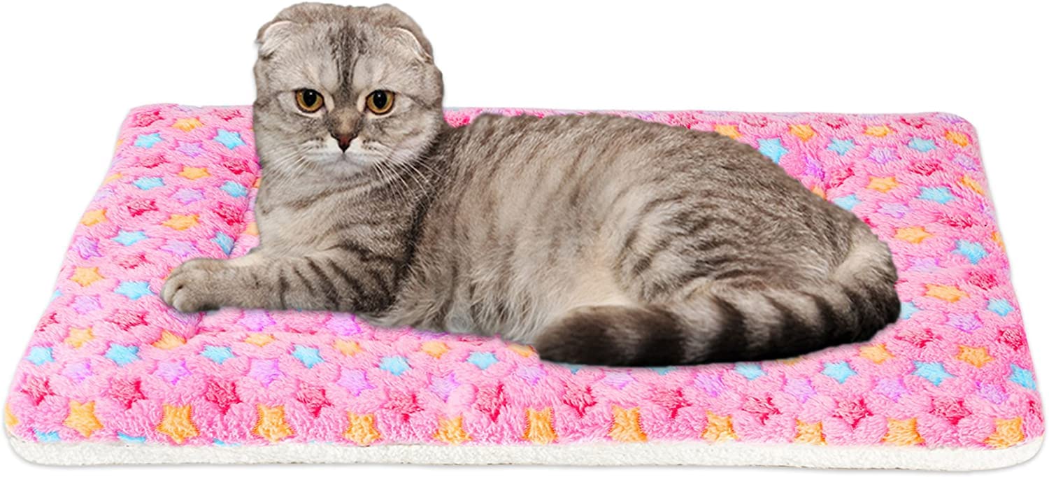 Mora Pets Cat Bed Dog Crate Pad Ultra Soft Pet Bed With Cute Star Print Washable Crate Mat For Small Dogs And Indoor Cats Reversible Fleece Dog Kennel Pad Cat Carrier Mat 14 X 17.5 Inch Pink