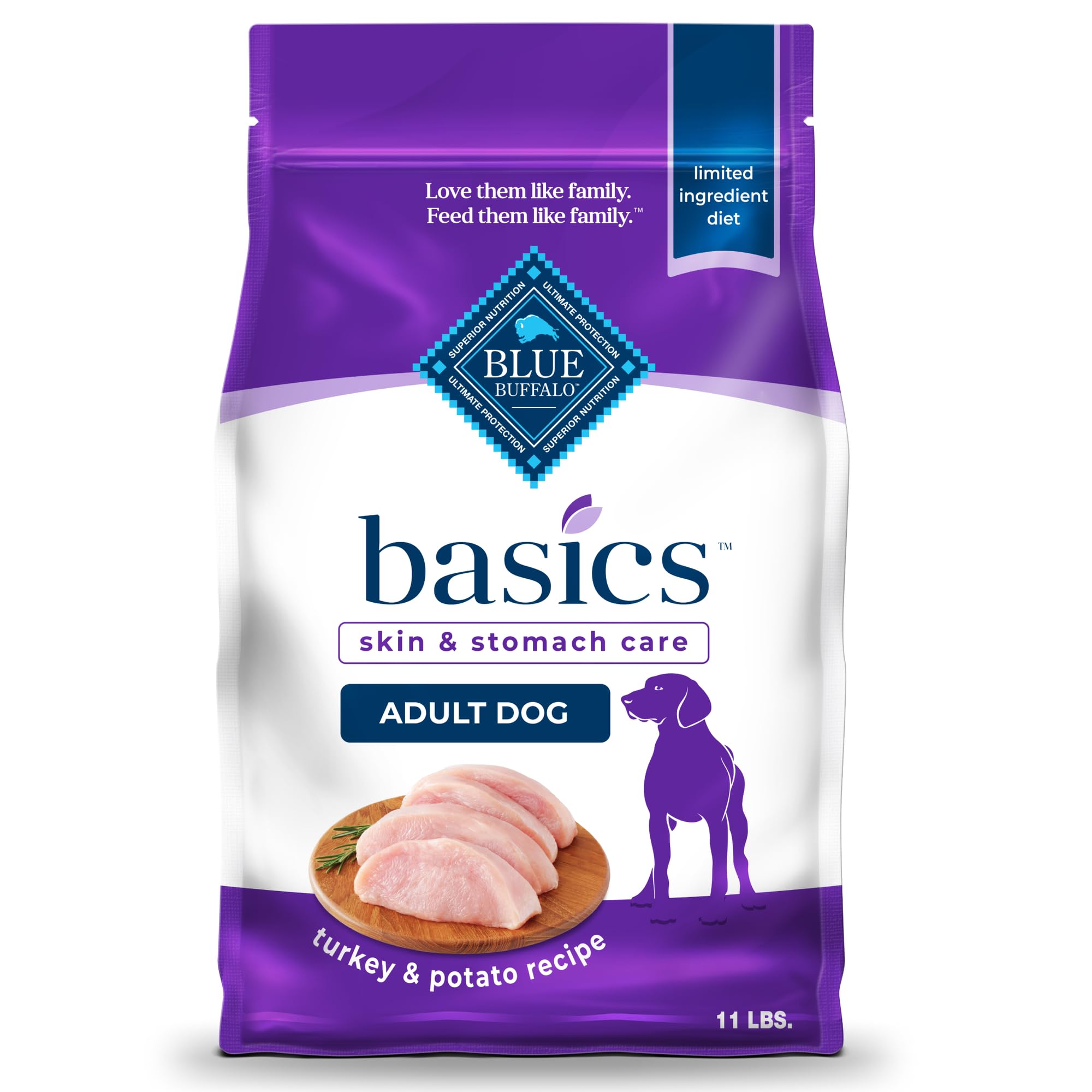 Blue Buffalo Basics Adult Dry Dog Food, Skin & Stomach Care, Limited Ingredient Diet for Dogs, Turkey Recipe, 11-lb. Bag