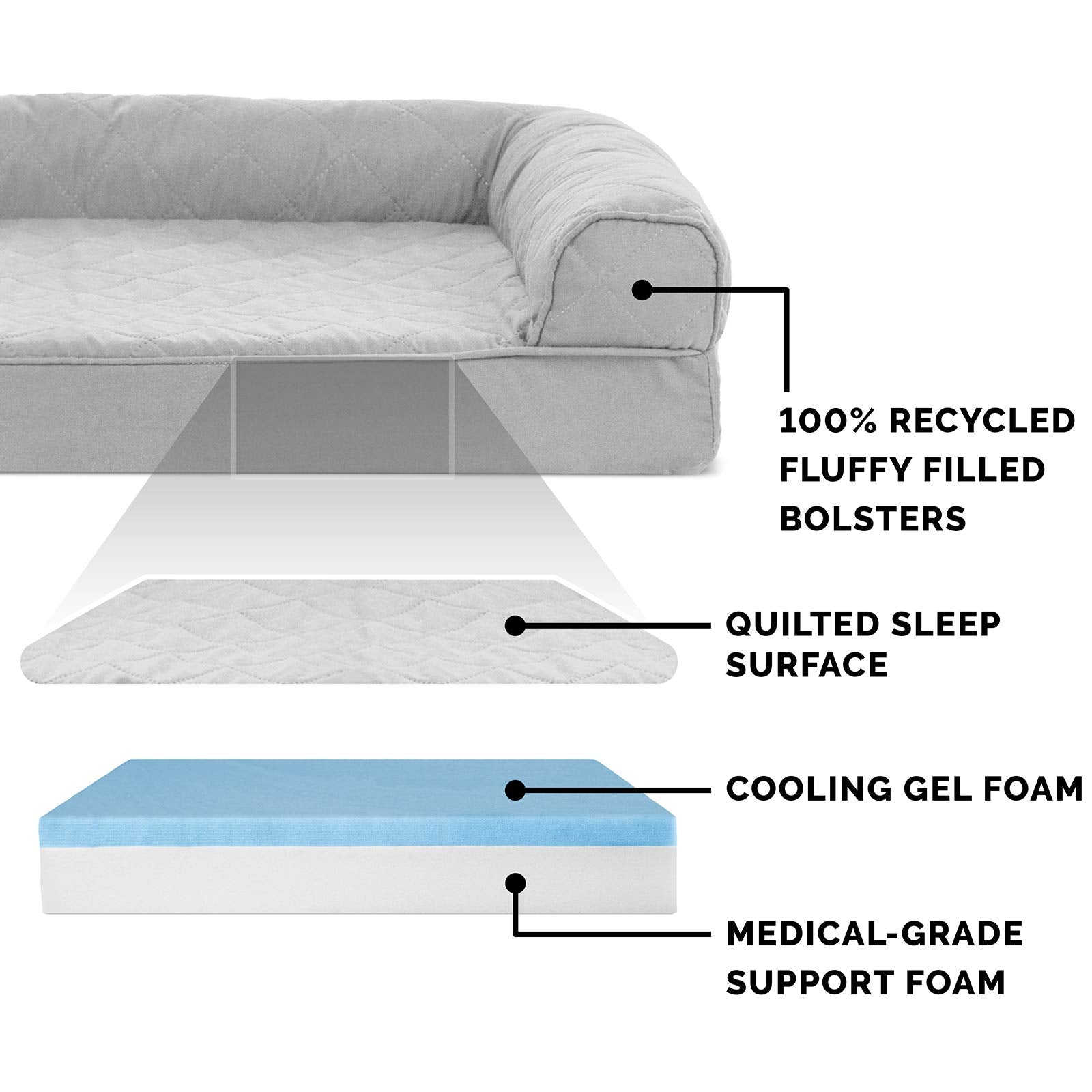Furhaven Cooling Gel Dog Bed for Large Dogs w/ Removable Bolsters & Washable Cover, For Dogs Up to 125 lbs - Quilted Sofa - Silv