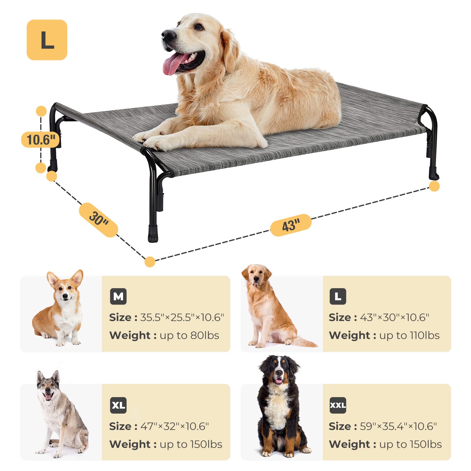 Veehoo Elevated Dog Bed, Outdoor Raised Dog Cots Bed For Large Dogs, Cooling Camping Elevated Pet Bed With Slope Headrest For Indoor And Outdoor, Washable Breathable, Large, Black Silver, Cwc2204