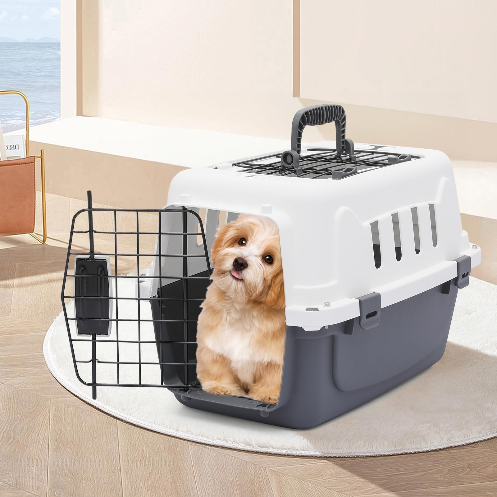Monibloom 18-Inch 2-Door Top Loading Cat Carrier, Plastic Dog Crate Hard-Sided Dog Travel Carrier For Small Dogs And Cats, Venti