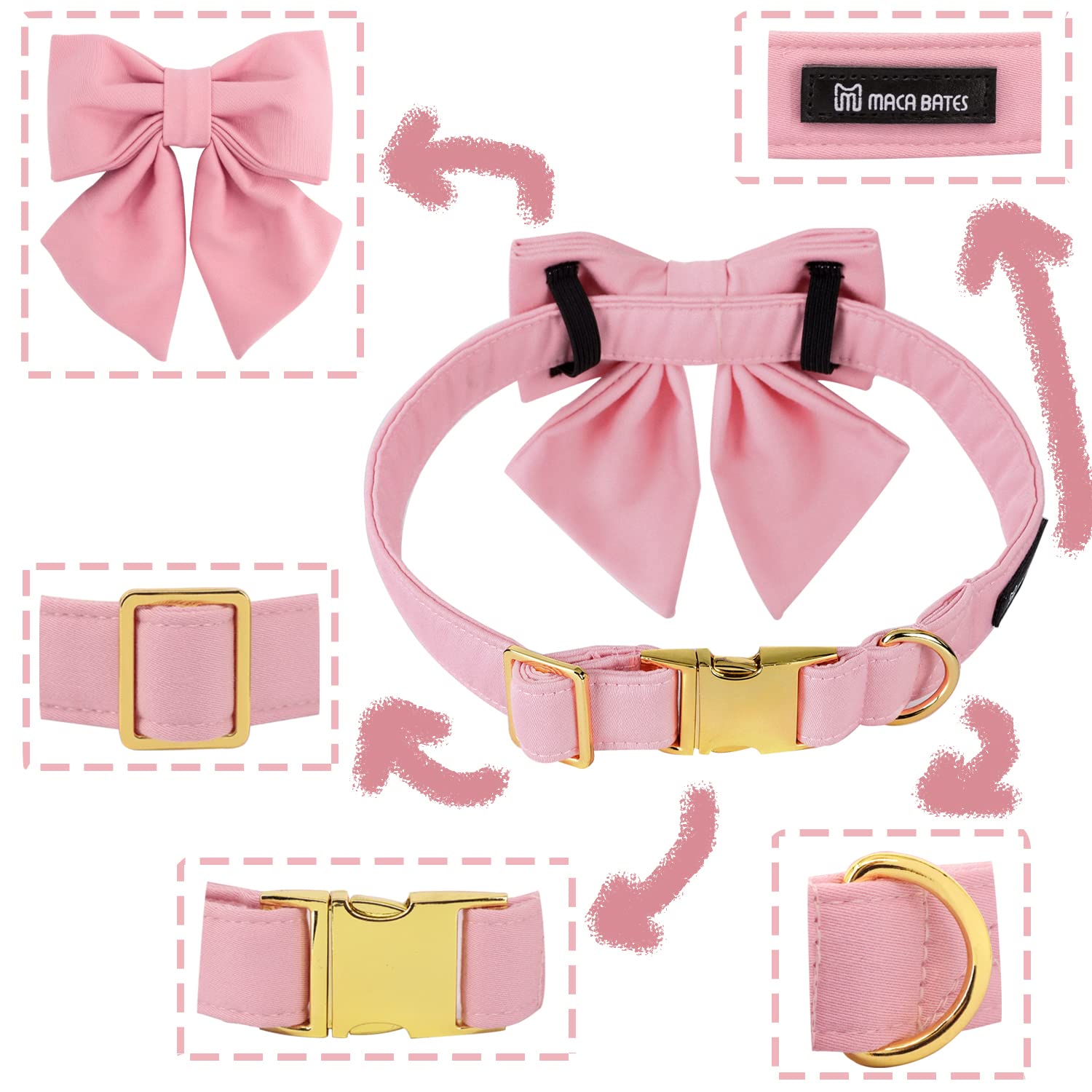 Maca Bates Dog Collar With Bow- Bow For Dog, 12 Solid Colors Sailor Bow Tie Adjustable Collar For Small Medium Large Dog With Golden Metal Buckle