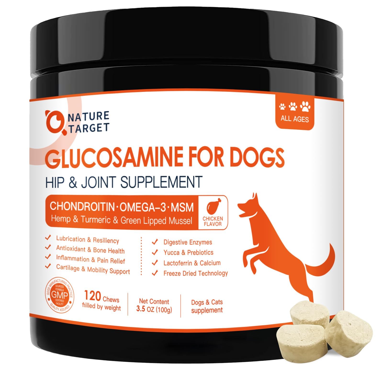 NATURE TARGET Glucosamine Joint Supplement for Dogs, Chondroitin, Omega-3, MSM, Hemp, Turmeric for Pain Relief, Dog Joint Supple