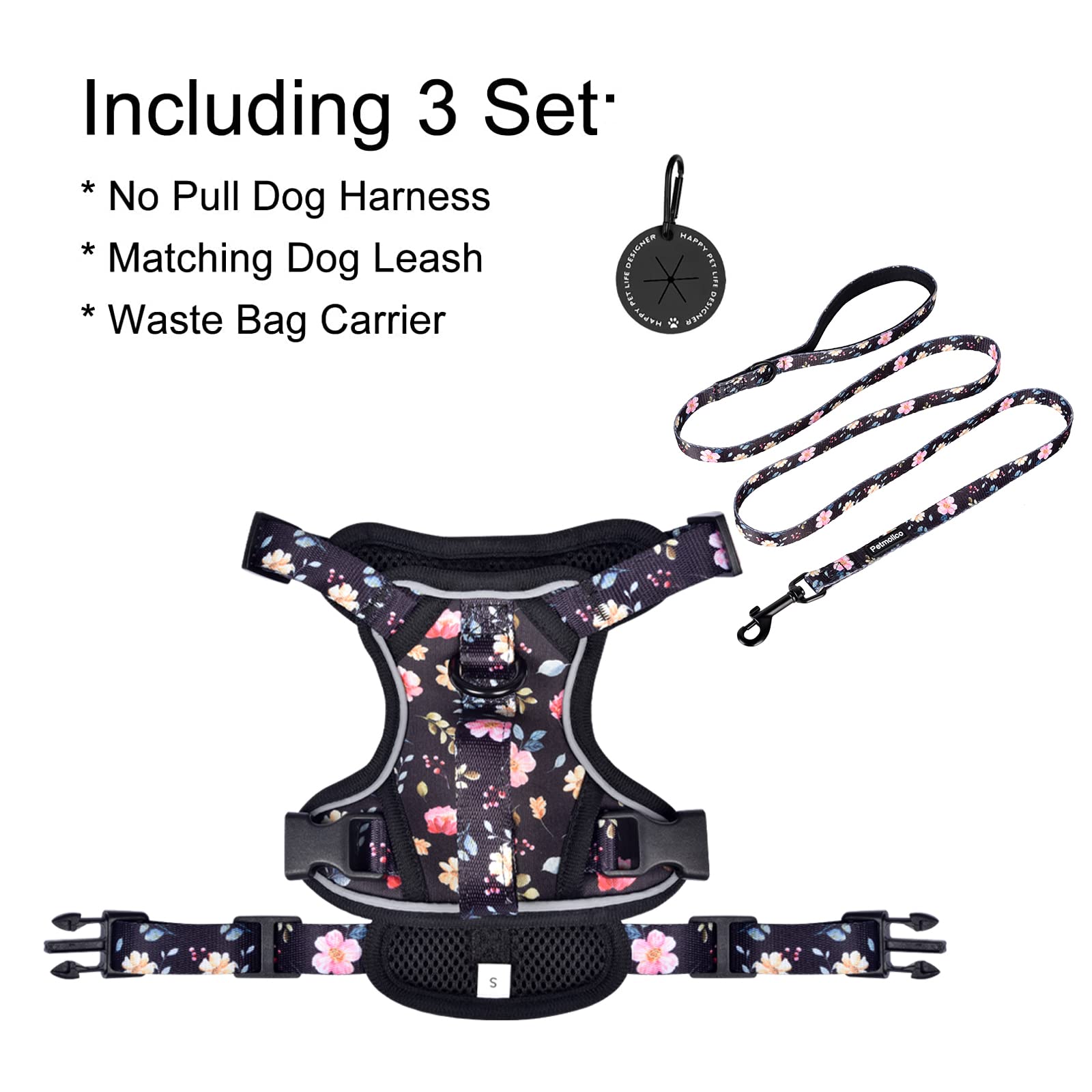Petmolico Dog Harness For Small Dogs No Pull, Cute Dog Harness With Two Leash Clips And Soft Handle, Reflective Easy Walk Dog Harness With Leash, Black Peach Small
