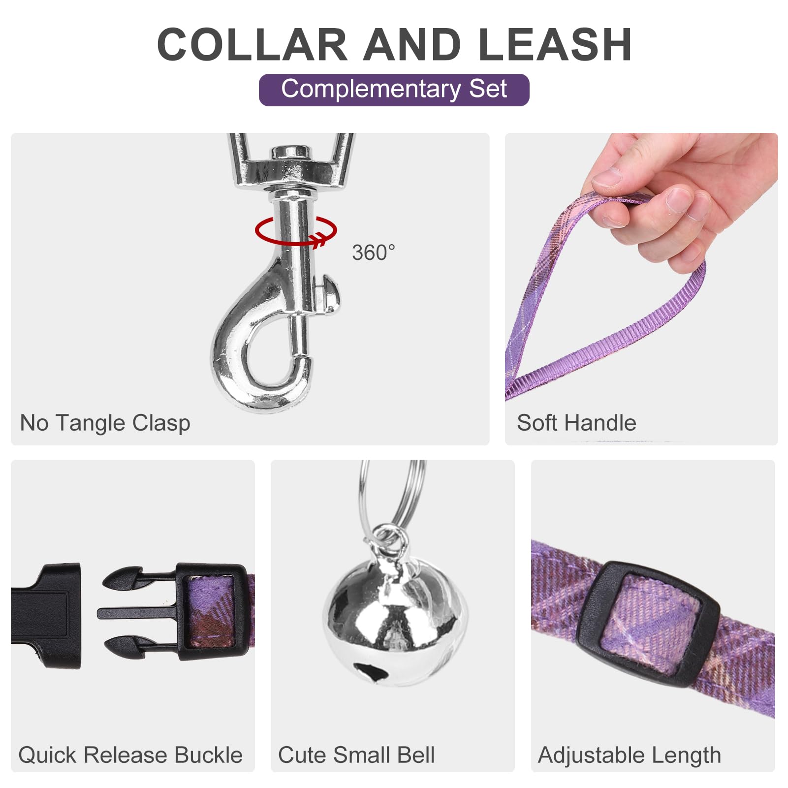 Expawlorer Dog Harness And Leash Set - Classic Plaid Step In Dog Harness With Adjustable Dog Collar, Soft Dog Vest Harness No Pull, Reflective Escapeproof For Training Outdoor Walking, Purple M