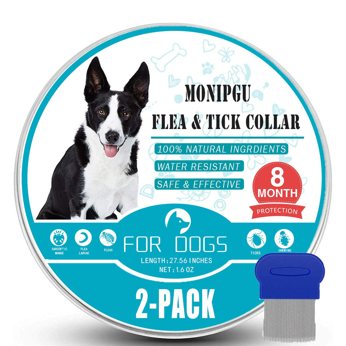 Flea And Tick Collar For Dogs,2 Pack,Natural Flea And Tick Prevention For Dogs,8 Months Protection,One Size Fits All Dogs,Adjustable & Waterproof,Include Flea Comb