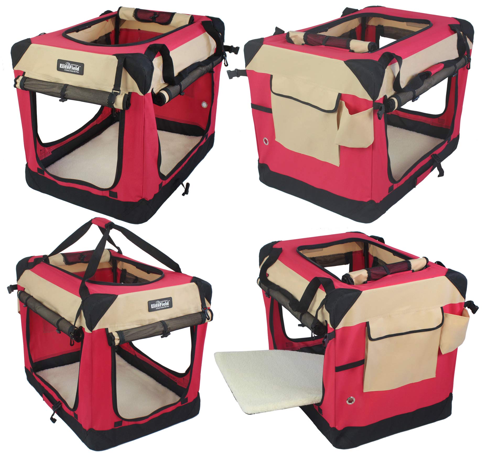 EliteField 4-Door Folding Soft Dog Crate, Indoor & Outdoor, 30" L x 21" W x 24" H, Red+Beige, Includes Carrying Bag &