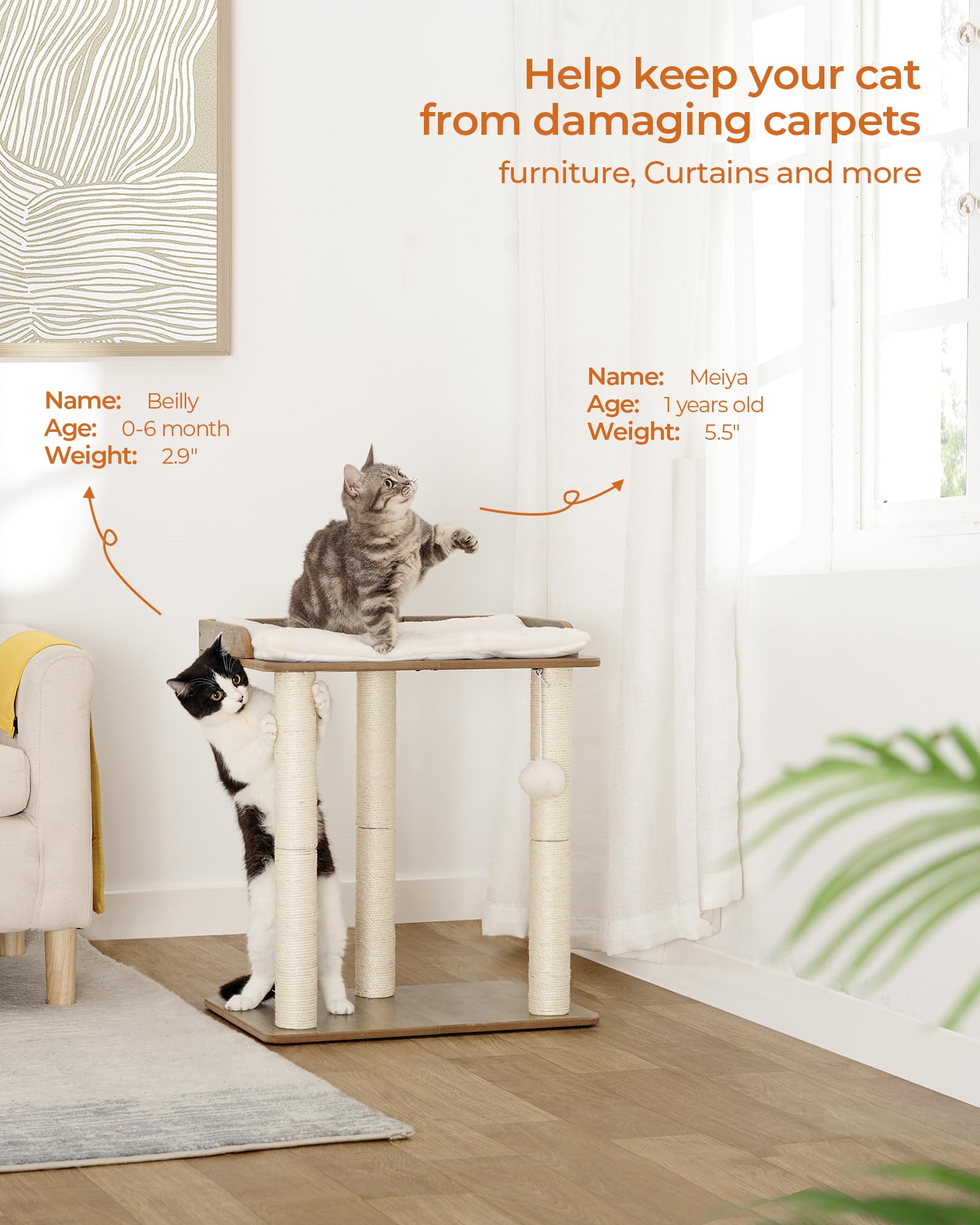 FourFurPets Cat Tree Tower Condo with 3 Sisal Posts, 22in, Greige, Engineered Wood, Model 111SPMJA01G1