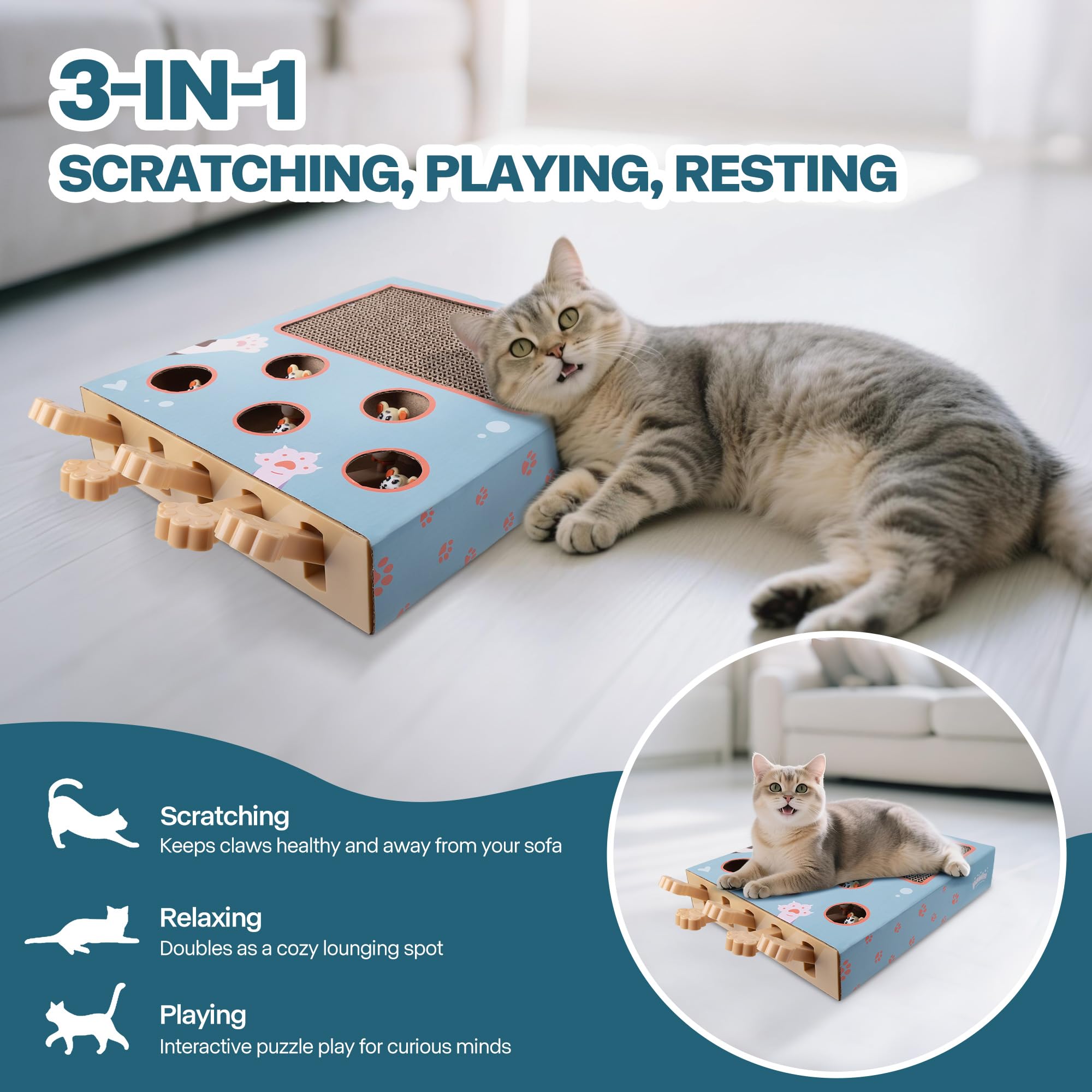 PAWISE Interactive Cat Play Scratch,3-in-1 Whack-A-Mole Puzzle Toy, Cat Scratching Post with Catnip, Fun Toy for Kitten,Cardboar