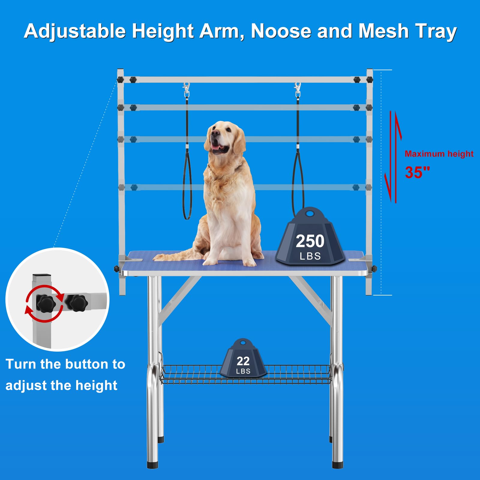 36 Professional Dog Pet Grooming Table Heavy Duty Adjustable with Overhead Arm, Two Grooming Noose Mesh Tray Blue