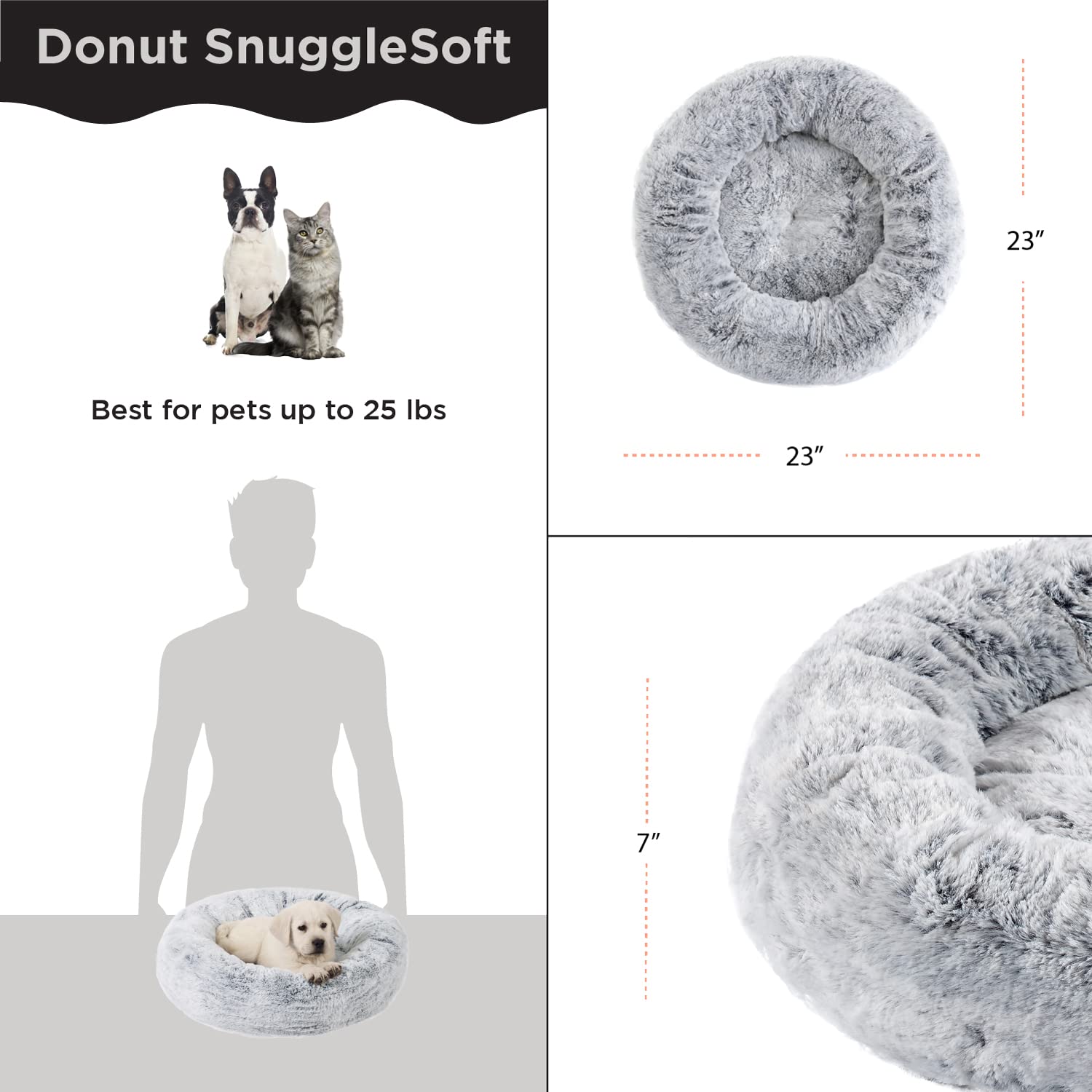 Best Friends By Sheri Snugglesoft Faux Rabbit Fur Memory Foam Calming Donut Bed For Dogs And Cats, Grey, 23'' X 23''