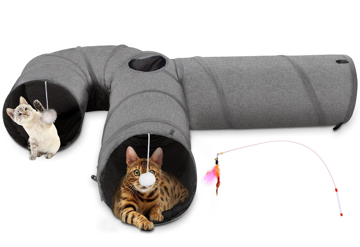 Ownpets Cat Tunnel Large 3 Way Collapsible Cloth Pet Tunnel Tube With Plush Ball & Feather Toy, U-Shaped Cat Play Tunnel For Indoor Cat, Puppy, Kitty, Kitten, Rabbit(Gray)