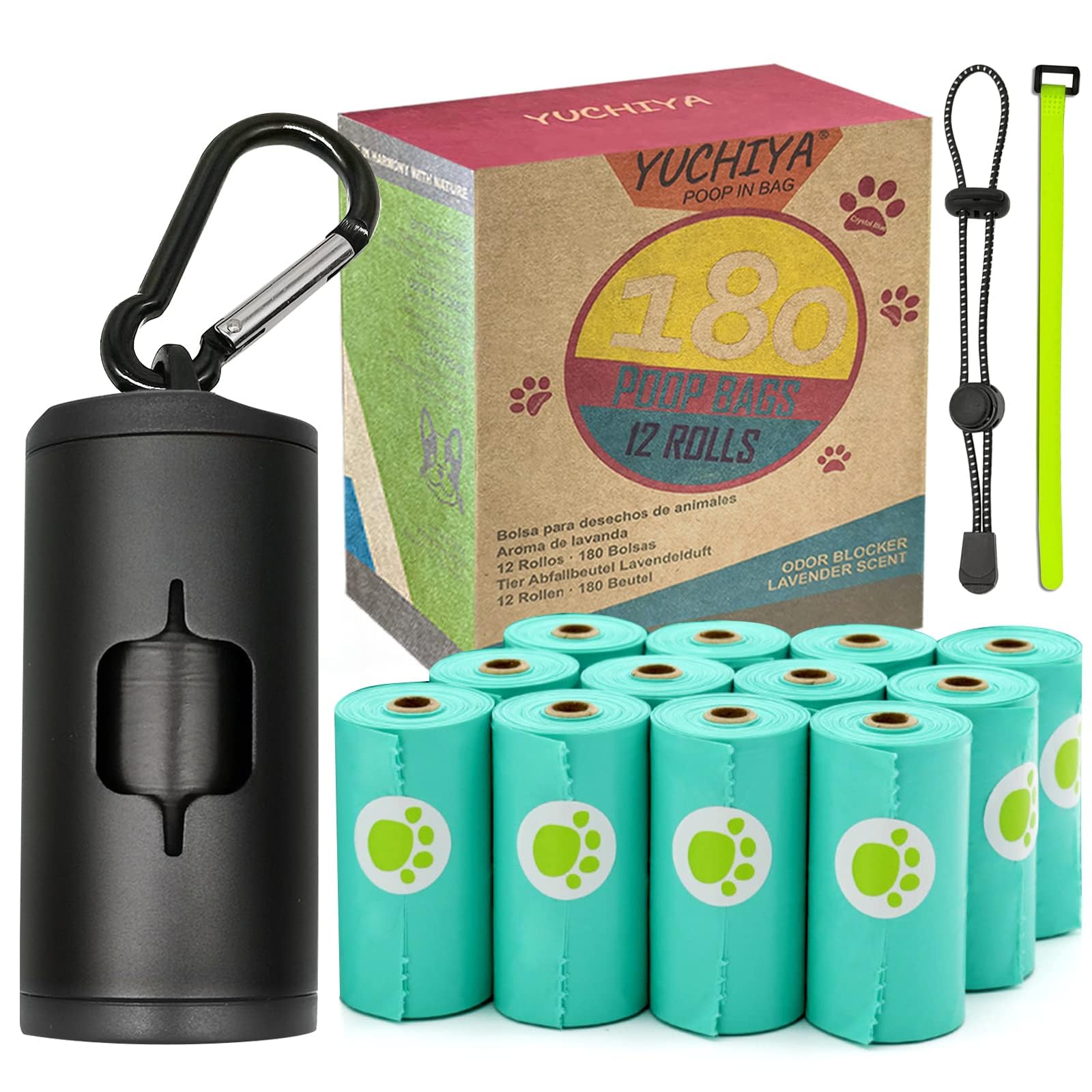 Yuchiya Aluminum Dog Poop Bags Holder With Carabiner Metal Pet Waste Bags Dispenser With Hook And Loop Fastener And Elastic Cord To Carry Used Bags(Black, 1 Holder 195 Bags)