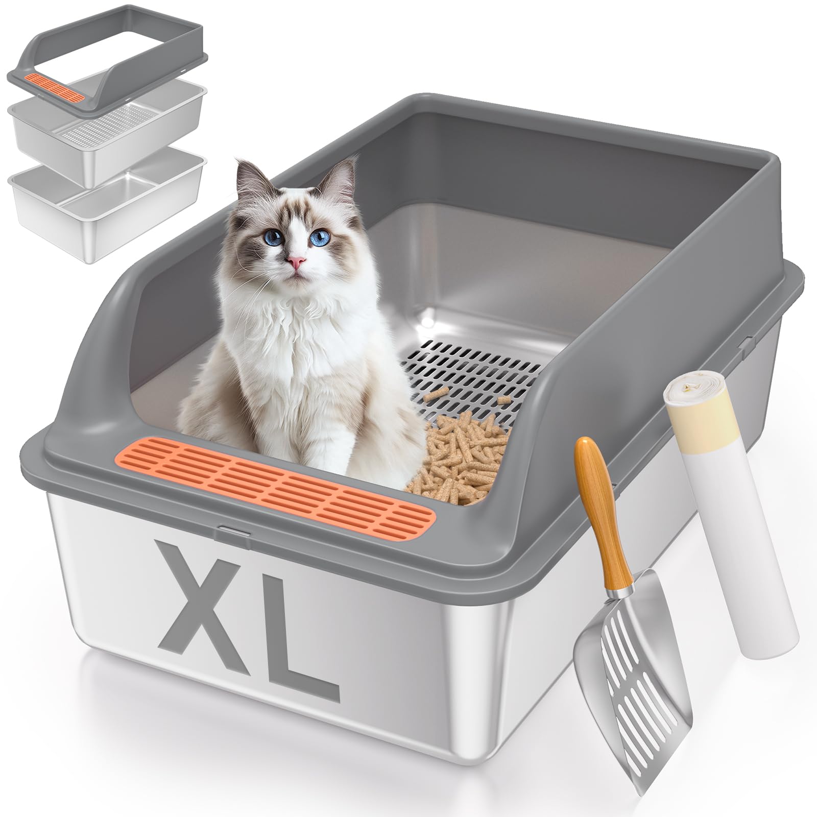 Yoochee Stainless Steel Sifting Litter Box With Lid, Xl Extra Large Sifting Cat Litter Box For Pine Pellets & Big Cats,Metal Pel