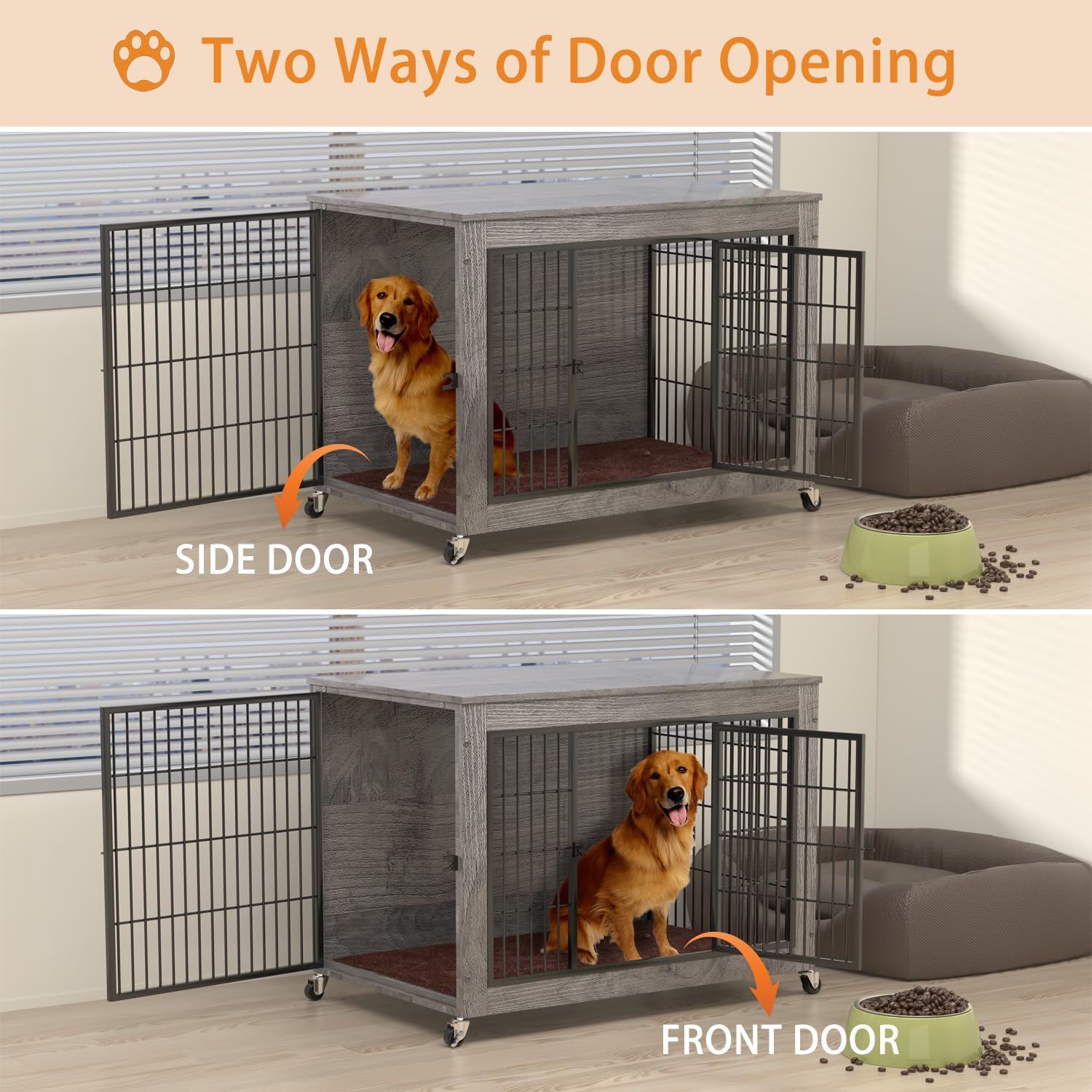 PRETZI Dog Crate Furniture with Cushion,38  Wooden Dog Crate nightstand with Double Doors, Grey Kennel Indoor with Wheels, Decor