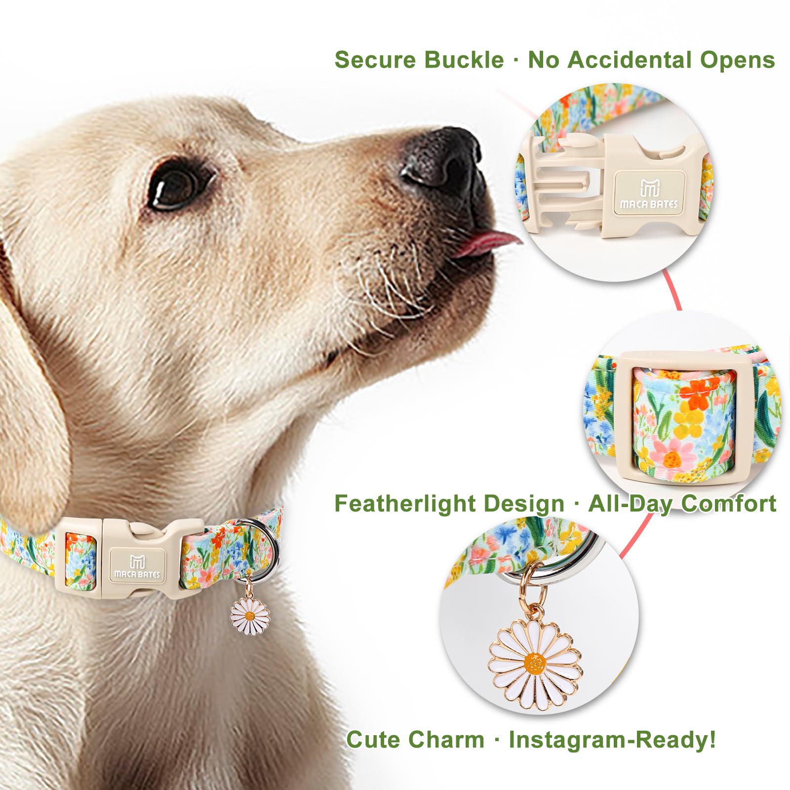 Maca Bates Spring Floral Basic Dog Collar With Pretty Flower Charm And Safety Buckle Adjustable Durable Soft Comfortable Collars