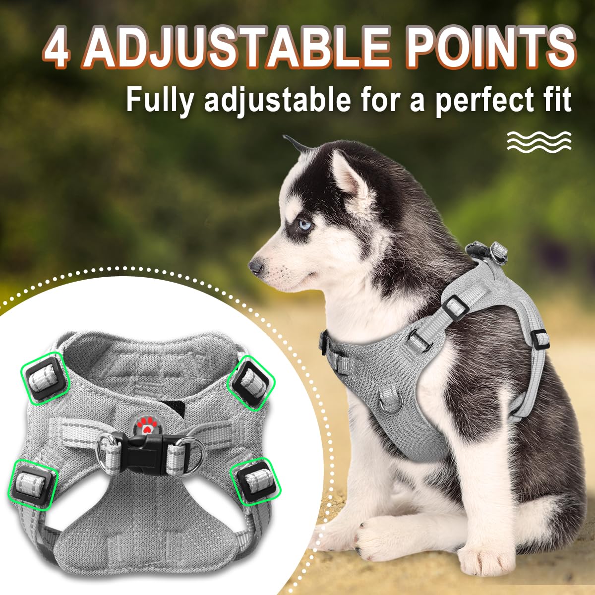 Barkbay Dog Harness, Reflective Adjustable No Pull Harness, Breathable Soft, Grey, Xxs