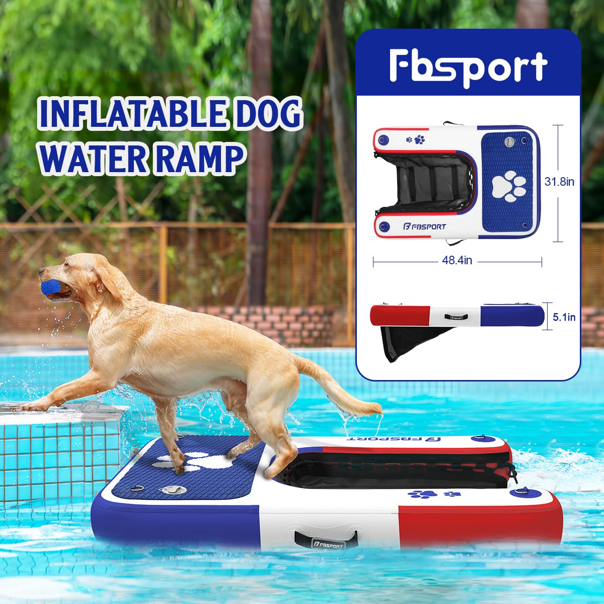 Fbsport Inflatable Dog Boat Ramp Dock Ladder For Boat, Pool - Non-Slip Eva Floating Ladder Up To 220 Lbs