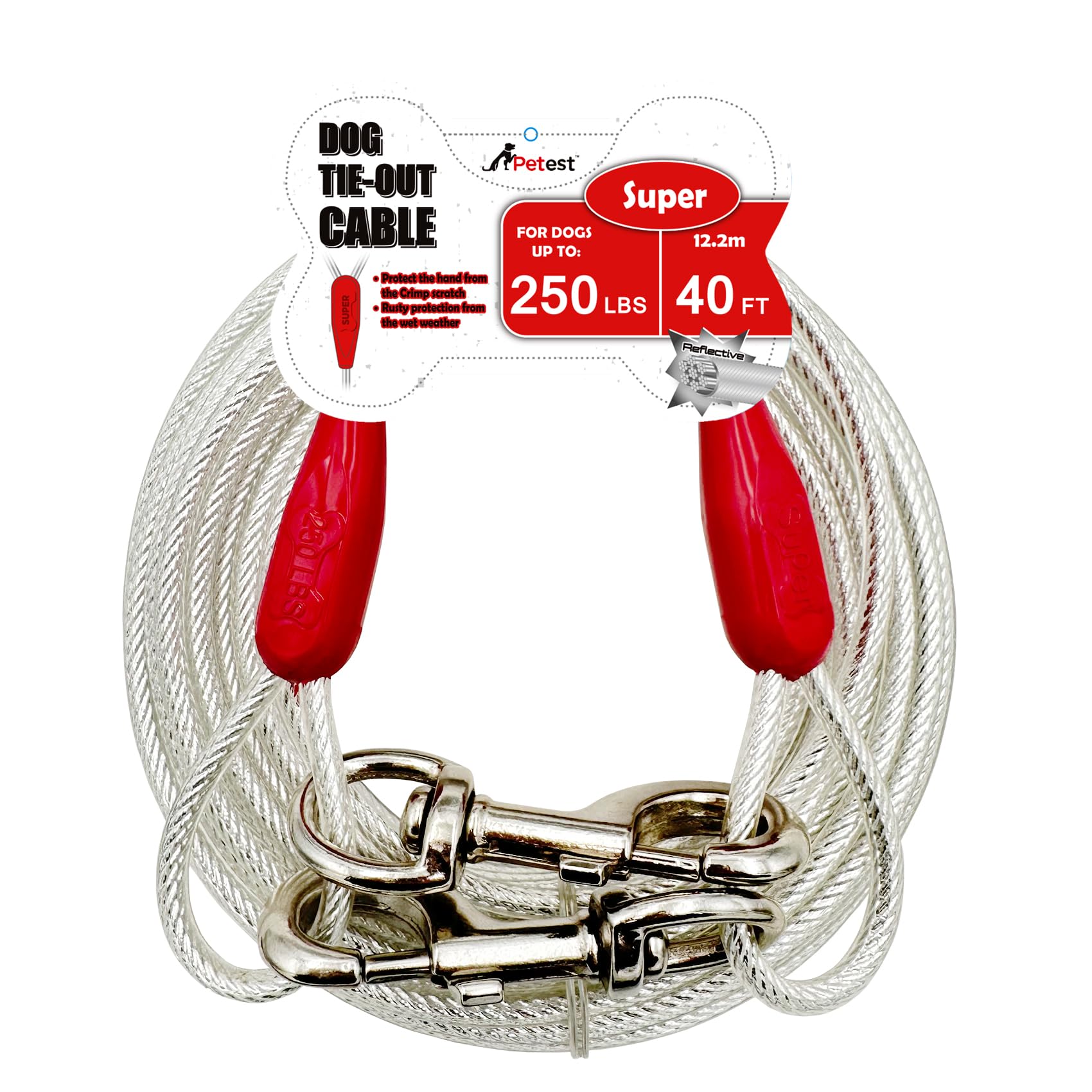 Petest 40Ft Reflective Tie-Out Cable For Super Dogs Up To 250 Pounds