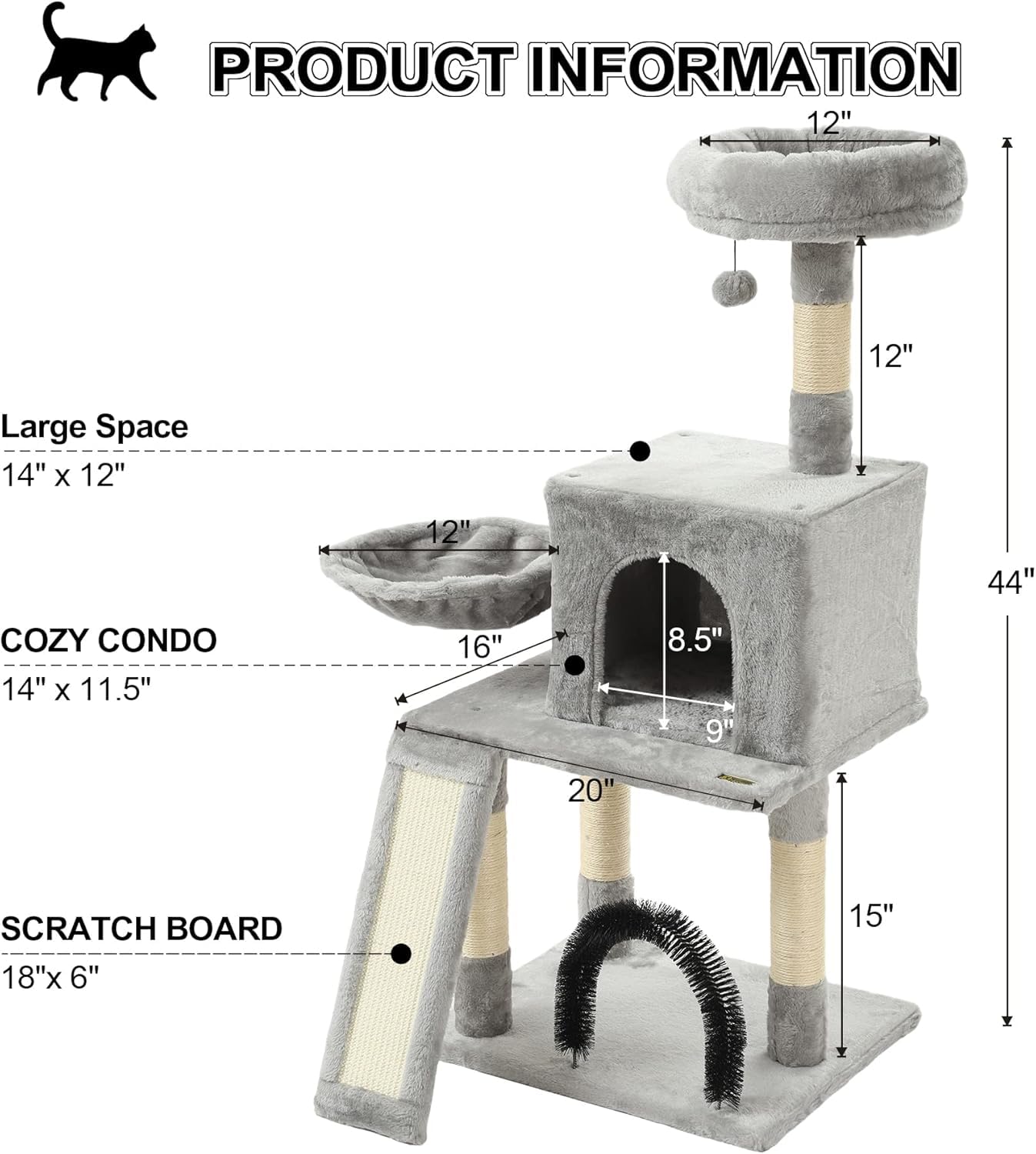 Hoopet 44In Cat Tree For Indoor Cats - Multi-Level Cat Tower With Hammock, Condo, Scratching Posts, Self-Grooming Brush & Play B