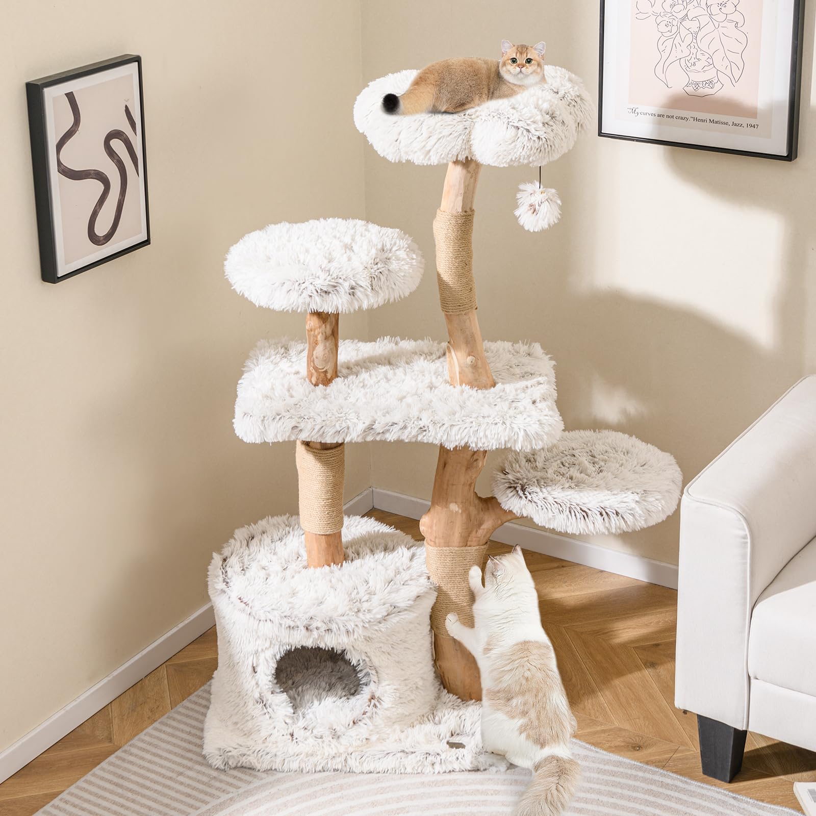 Tangkula Modern Cat Tree, 53 Inch Tall Natural Branch Wooden Cat Tower With Jute Scratching Posts, Plush Perch, Condo, Aesthetic