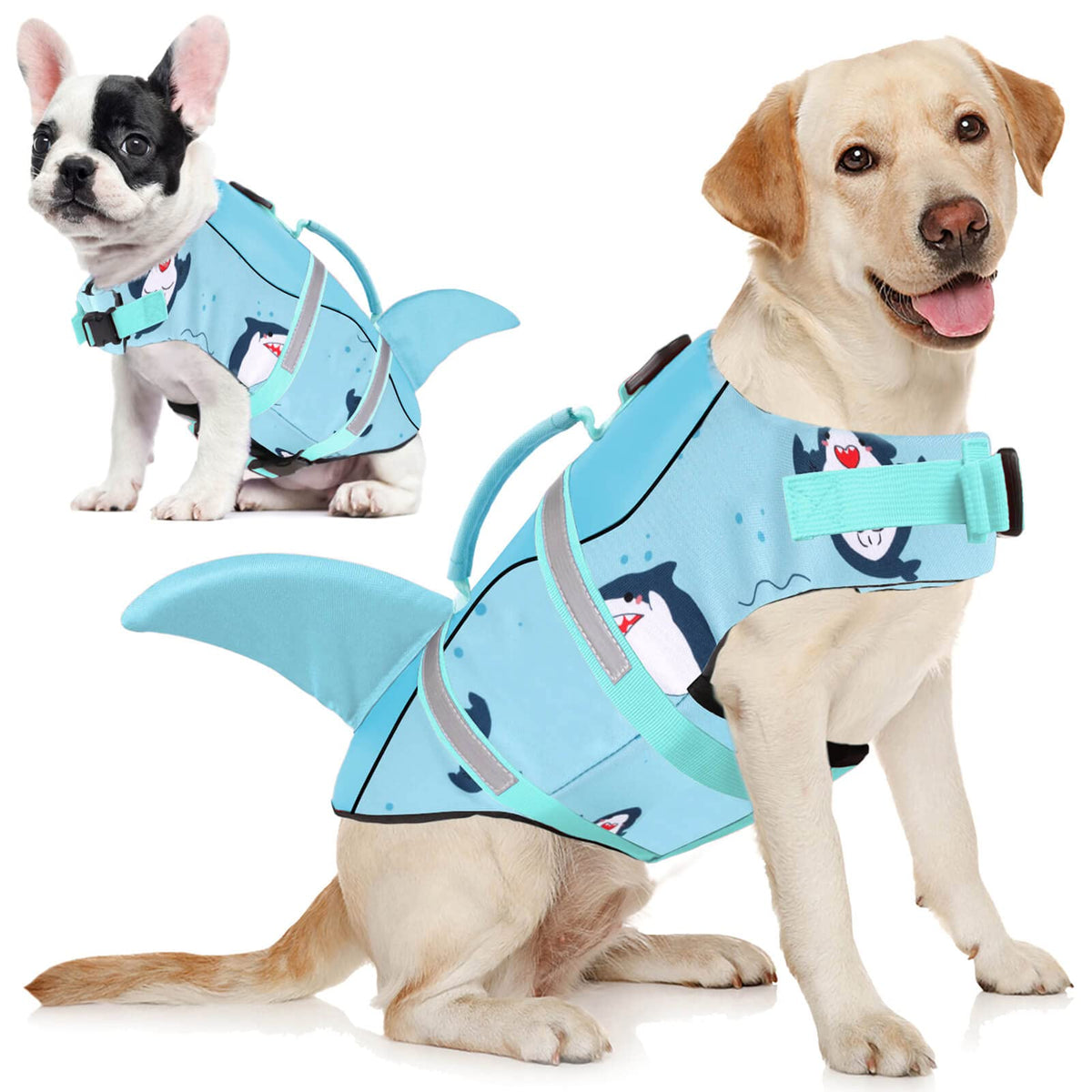 Aofitee Dog Life Jacket, Dog Life Vest For Swimming Boating, High Flotation Pet Lifesaver With Rescue Handle, Reflective French Bulldog Lifejacket, Shark Life Jacket For Small Medium Large Dogs, M