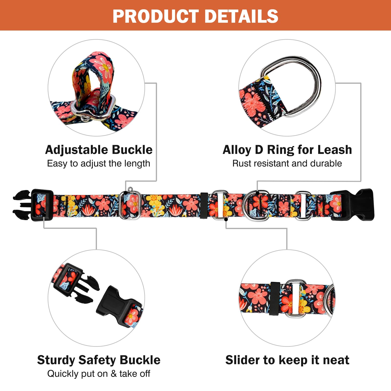 Hikiko Martingale Collar For Dogs Cute Floral Dog Collar For Small Medium Large Dogs Soft Nylon Adjustable Dog Collars (Flower G