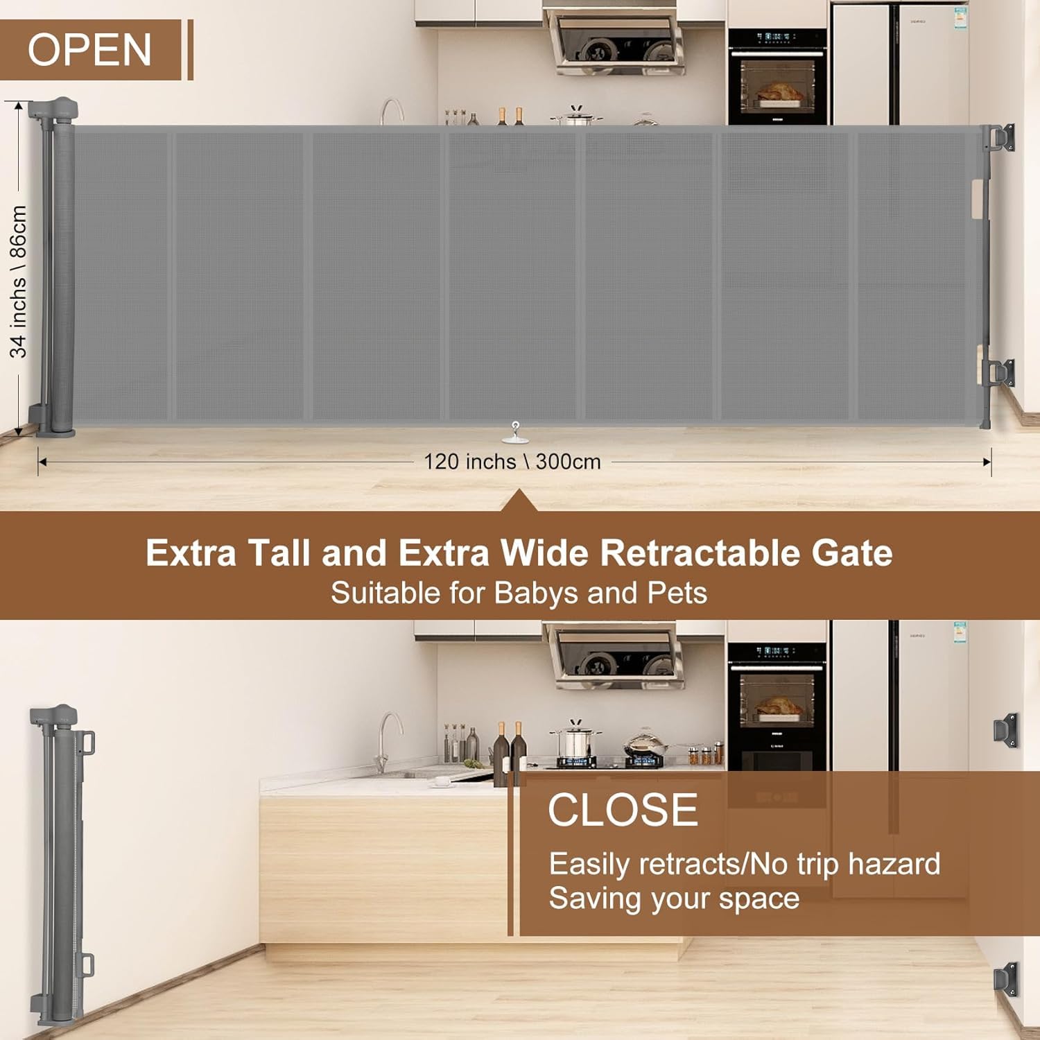 Miumoon 100 inch Retractable Baby Gates 34 inch Tall, Retractable Gate with Reinforced Strip Design to Prevent Crawling Through,