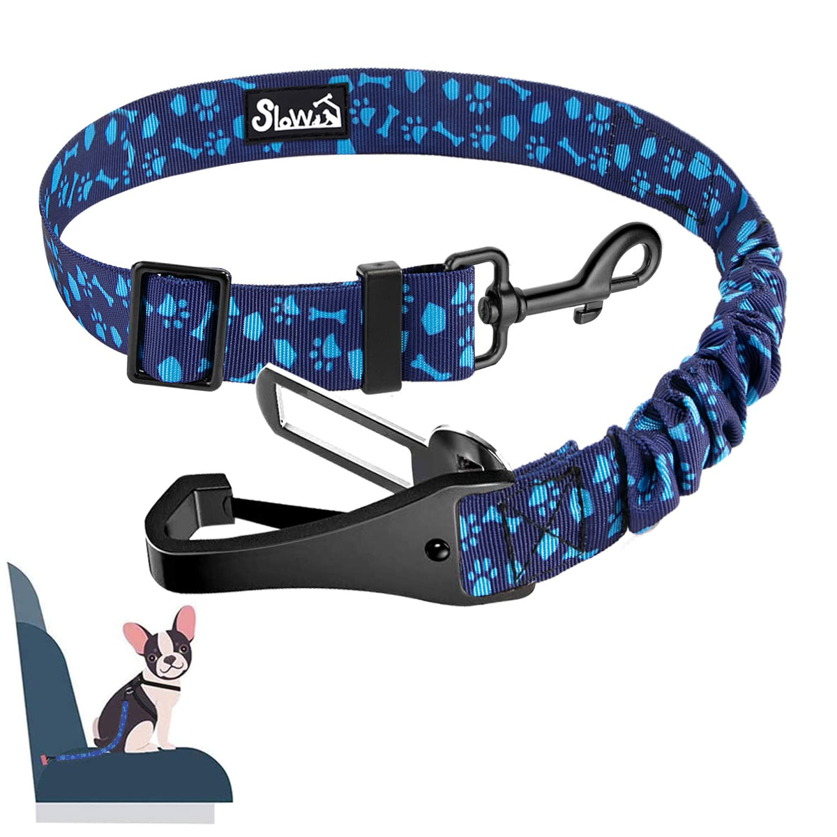 Slowton Dog Seat Belt, Adjustable Dog Safety Belt Leash, 2 In 1 Latch Bar Attachment Dog Car Seatbelt With Elastic Nylon Bungee Buffer, Reflective Nylon Belt Tether Connect To Dog Harness (Bl Dog Paw)