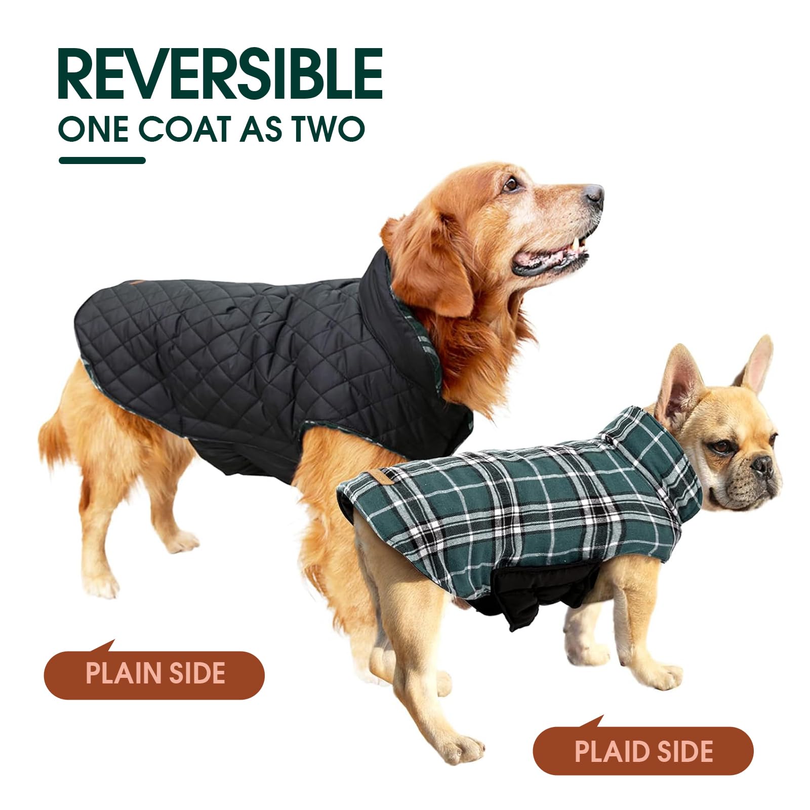 Kuoser Warm Dog Coat, Reversible Dog Jacket Waterproof Dog Winter Coat British Style Plaid Dog Clothes Pet Dog Cold Weather Coats Cozy Snow Jacket Vest For Small Medium Large Dogs Green M