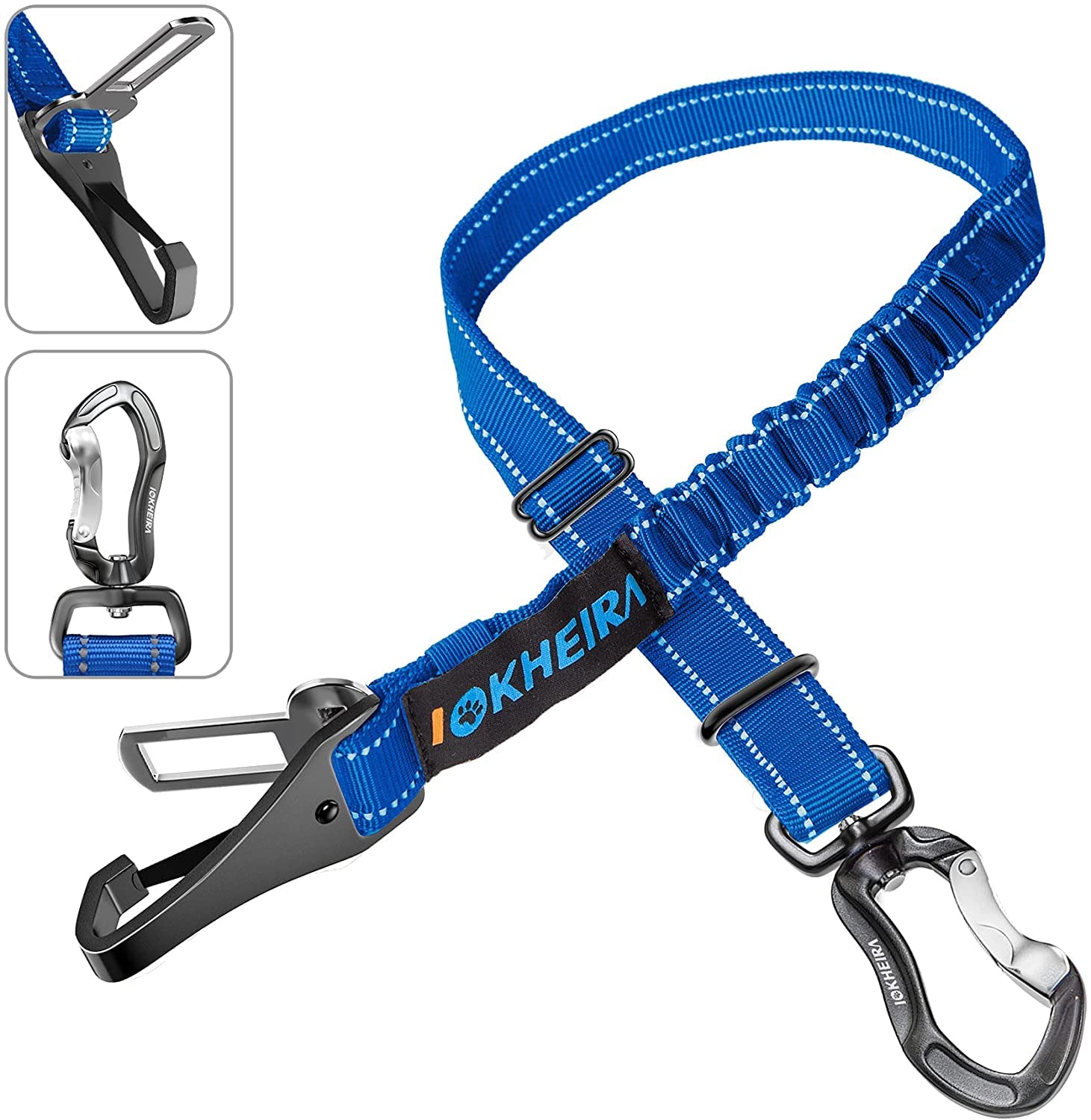 Iokheira Dog Seatbelt - Adjustable Reflective Bungee Car Seatbelt With Aluminum Swivel Carabiner