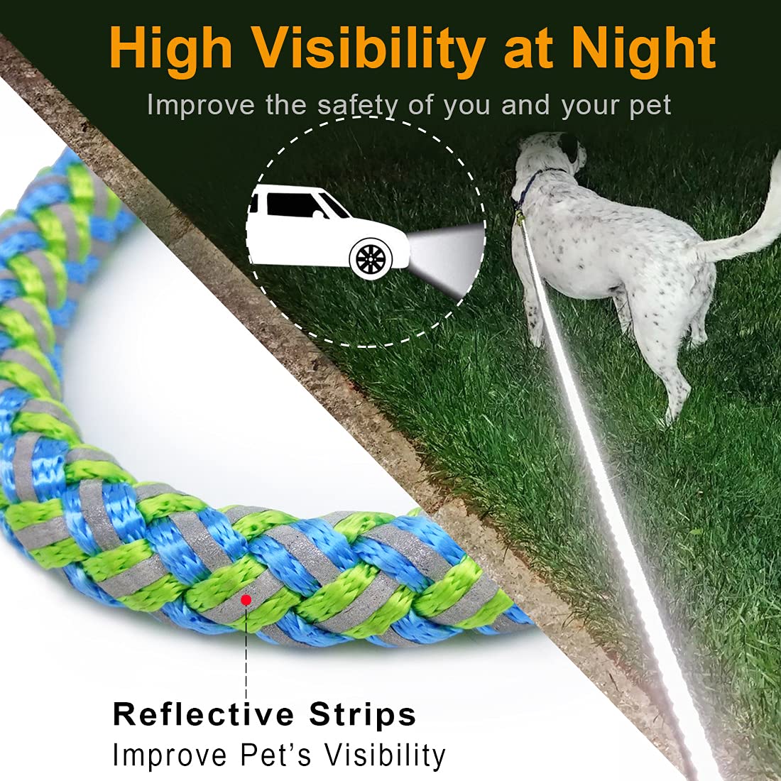 Mycicy 10 FT Reflective Dog Leash- Heavy Duty Nylon Braided Rope Leashes with Soft Handle- Training, Walking, Capming, Exploring