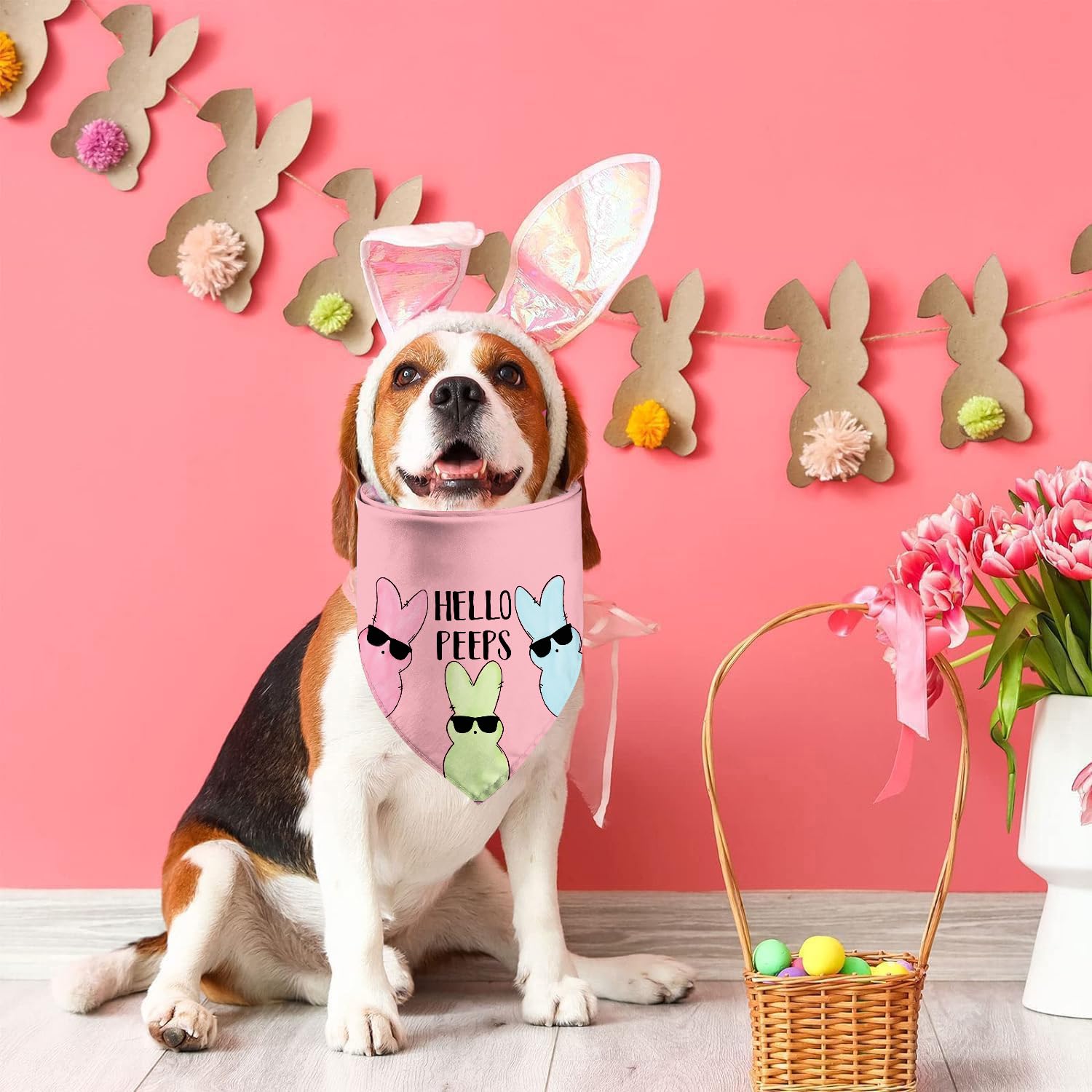 Easter Dog Bandanas, Reversible Hello Bunny Easter Pet Scarf 2 Pack, Happy Easter Holiday Puppy Dog Kerchief Gifts (Easter-02)