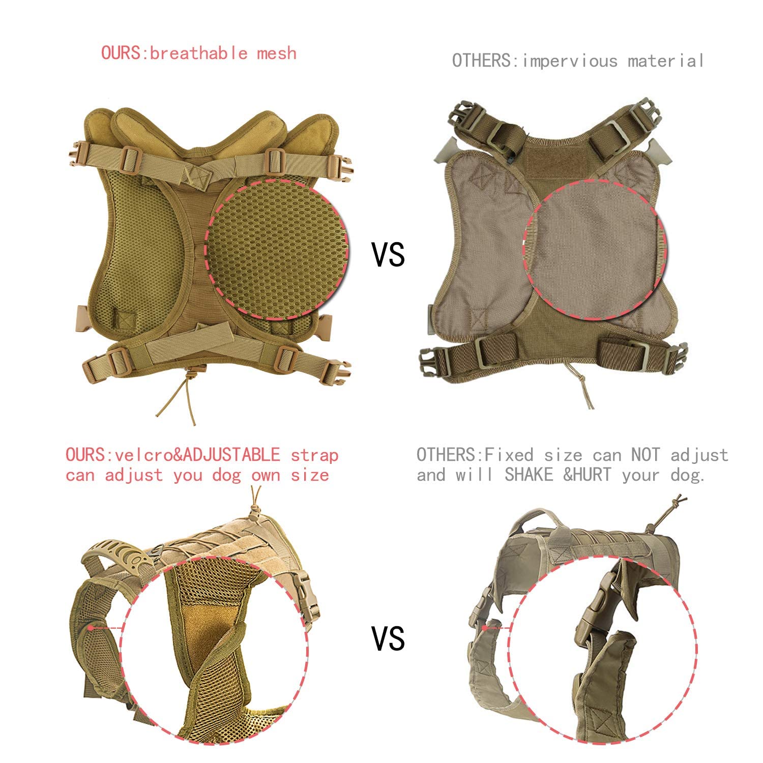 Hanshengday Tactical Service Dog Vest Harness for Medium Large Dog, Military K9 Training Dog Vest with Molle System Adjustable T