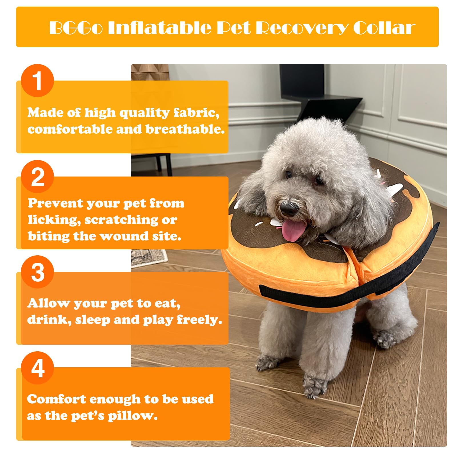 BGGo Inflatable Dog Cone, Soft Adjustable Blow up Donut Collar for After Surgery, Small Medium Large Dogs and Cats