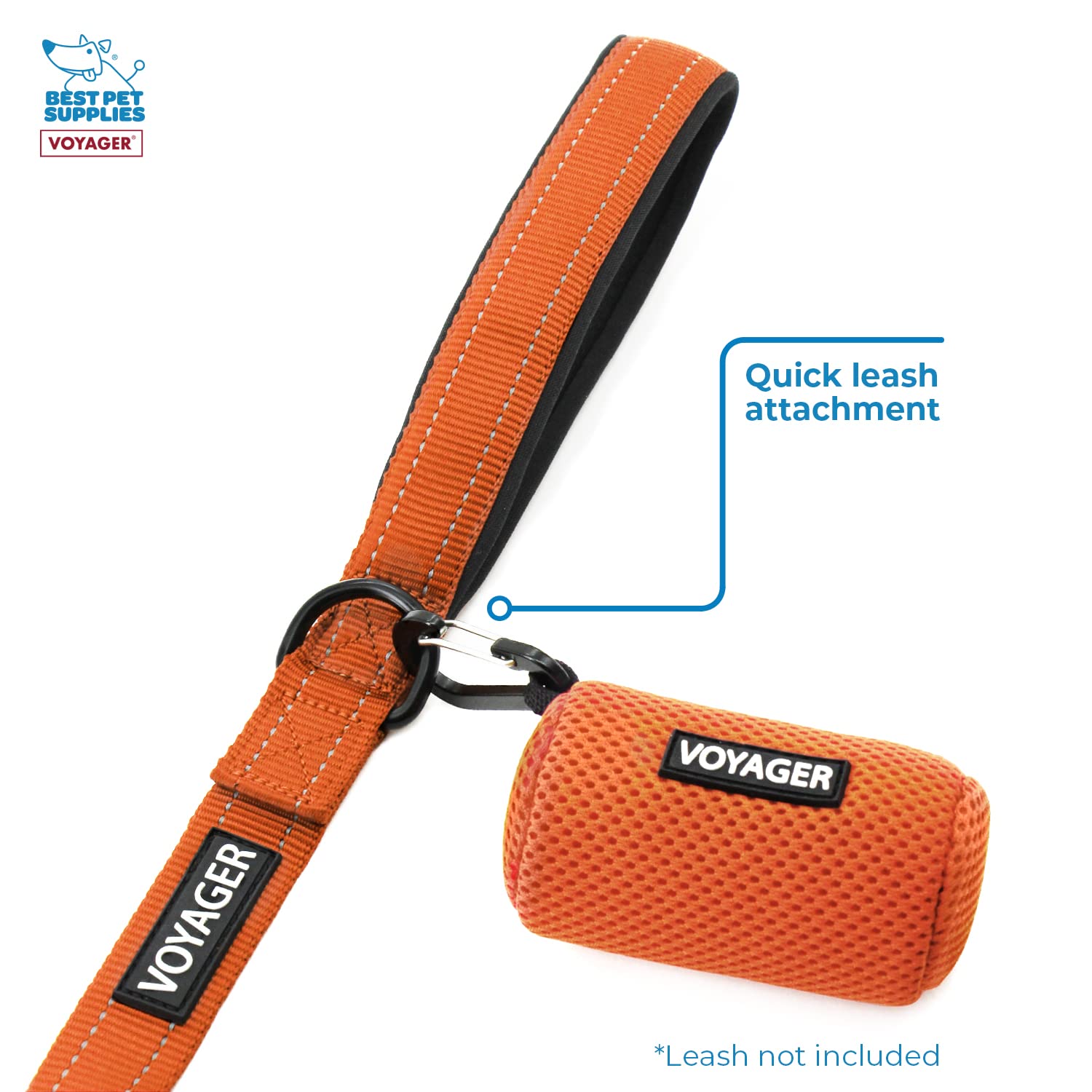 Best Pet Supplies Dog Poop Bag Holder Leash Attachment With 15 Bags, Orange, Reusable Mesh Dispenser Pouch For Travel, Walking,