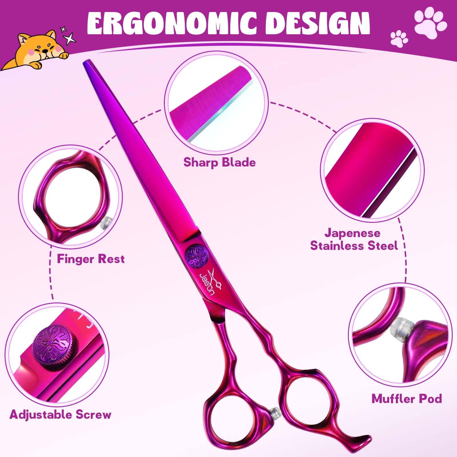 Jason Dog Grooming Scissors Set - Professional 6 In 1 Dog Shears Set - 7'' Curved Chunker, 7'' Straight, 7'' Up-Curved, 7'' Down