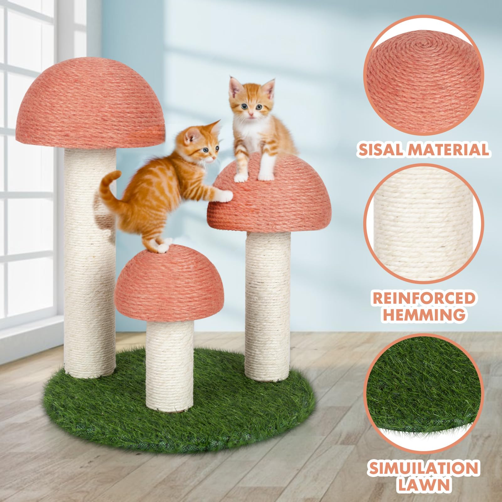 Powerking Cat Scratching Post, Mushroom Claw Scratching Post For Cat, Natural Sisal Cat Scratchers With 3 Mushroom Pole, Cat Int