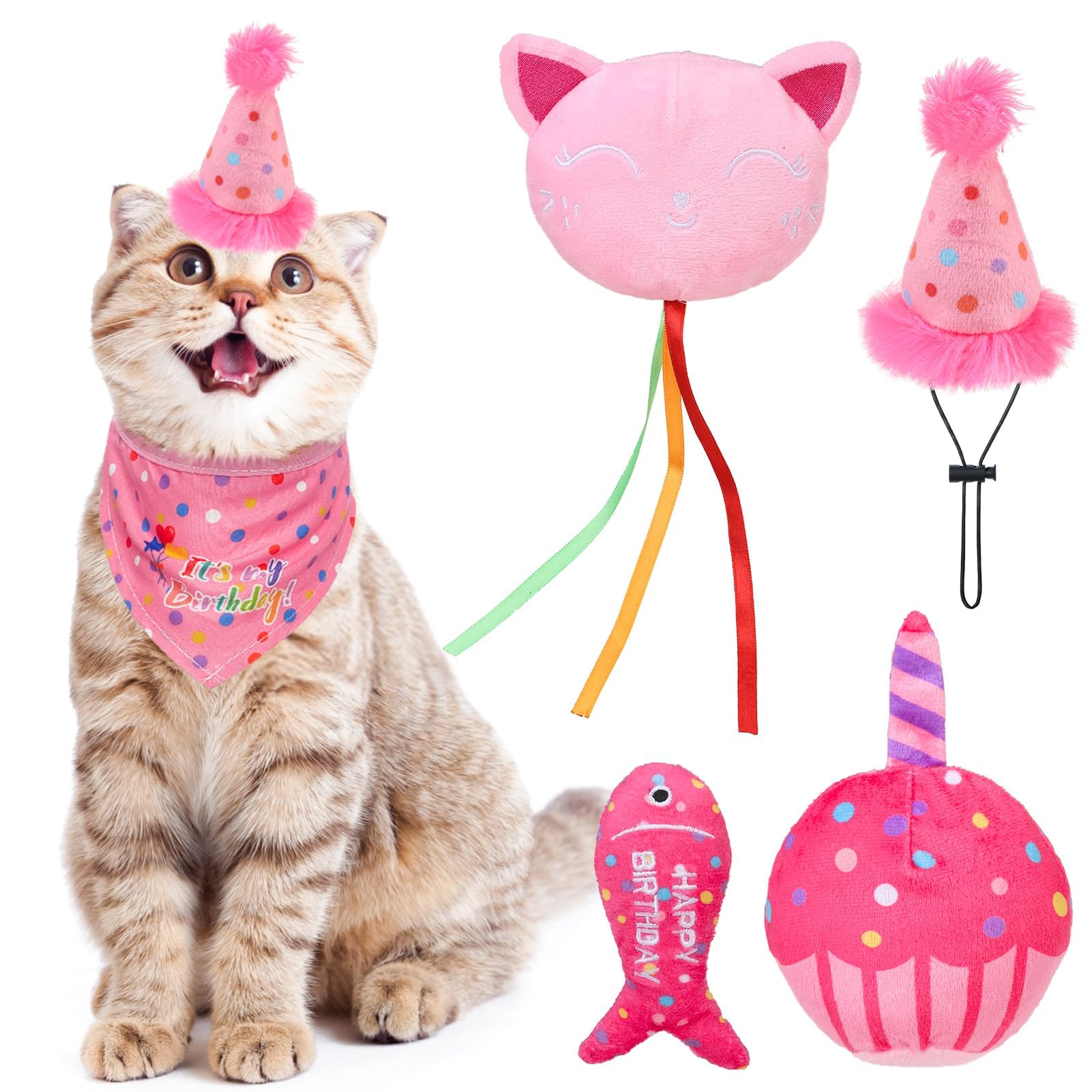 Bingpet Catnip Toys For Indoor Cats, Cat Birthday Hat And Interactive Plush Kitten Chew Toys - Cute Cake, Fish, Balloon Toys Wit