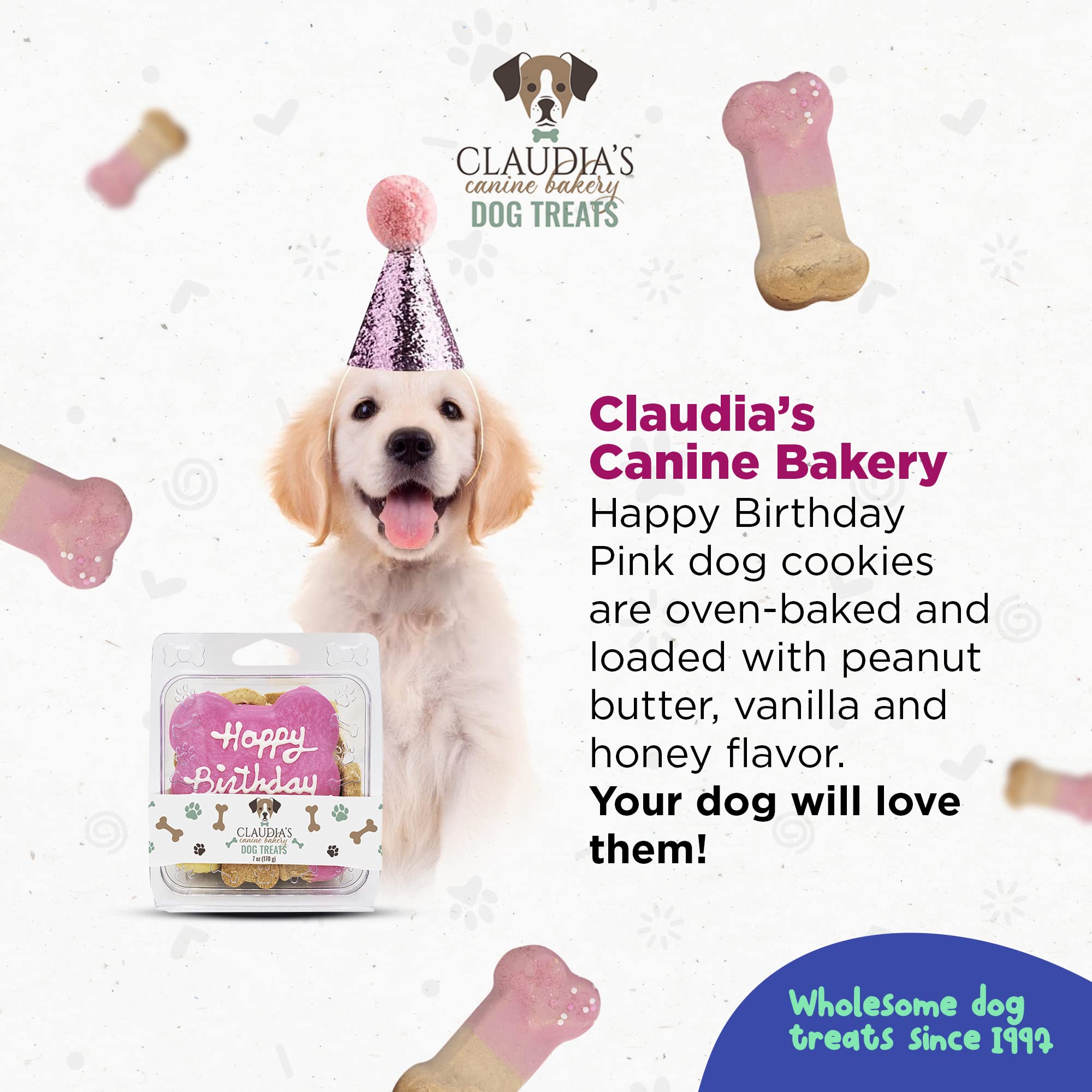 Claudias Canine Bakery - Peanut Butter Happy Birthday Cookies, Pink, 10oz