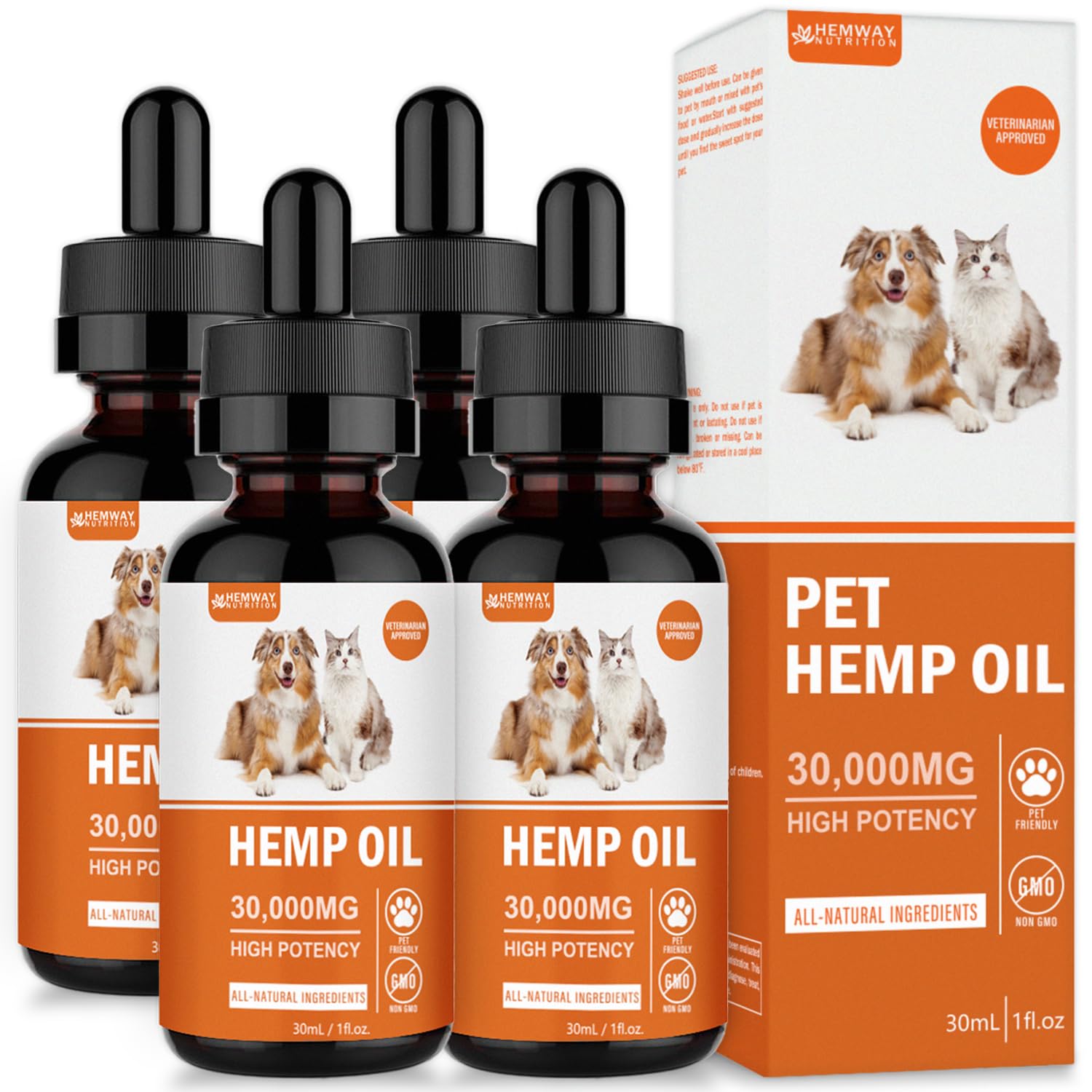 (4-Pack) Organic H?mp Oil for Dogs and Cats - Hip and Joint Support - Skin and Coat Health - Pet Calming Drop - Omega 3-6-9 and 