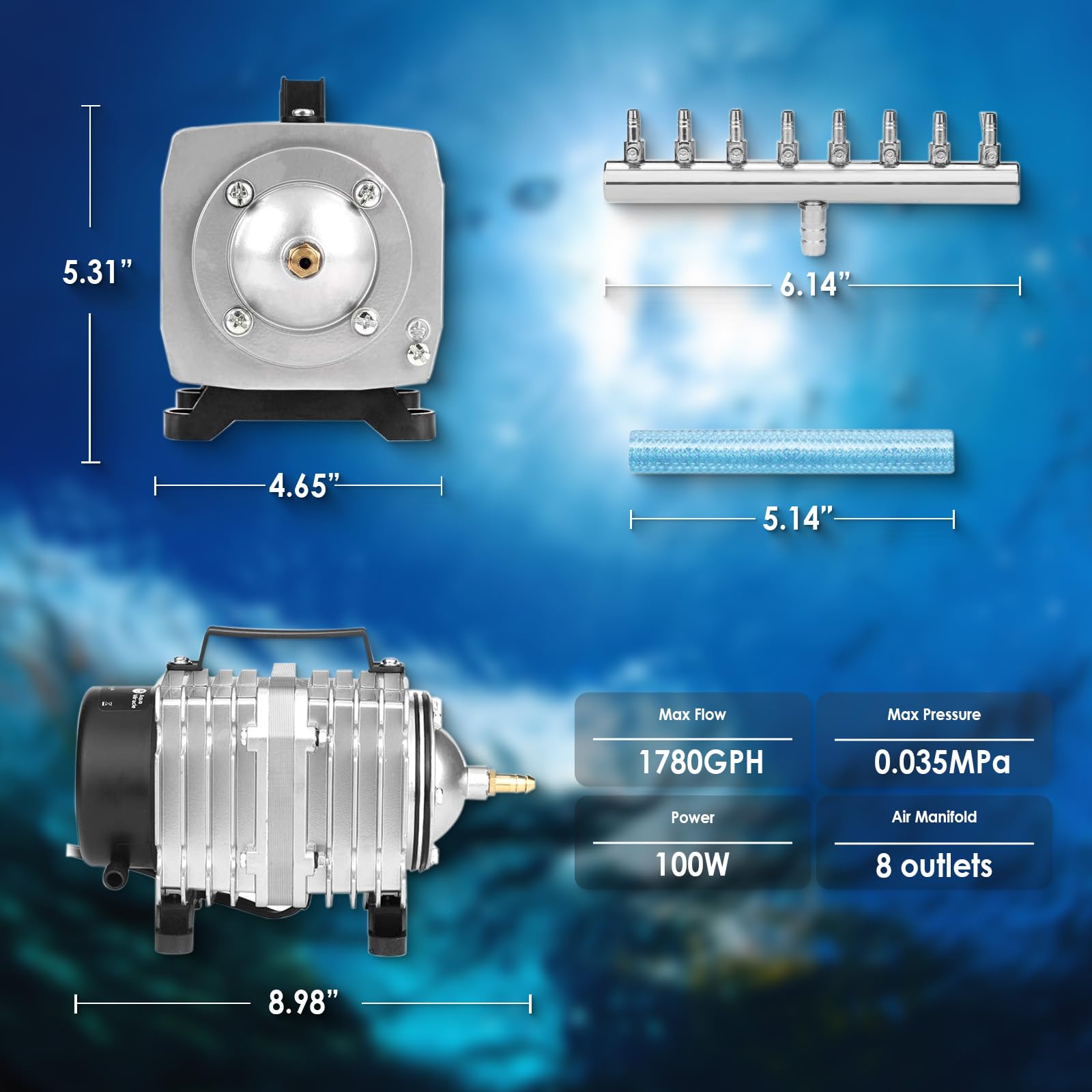 FUMAK Aquarium Air Pump - 1780GPH, 100W Hydroponic Aerator for Fish Tanks and Ponds, Durable Aluminum Construction