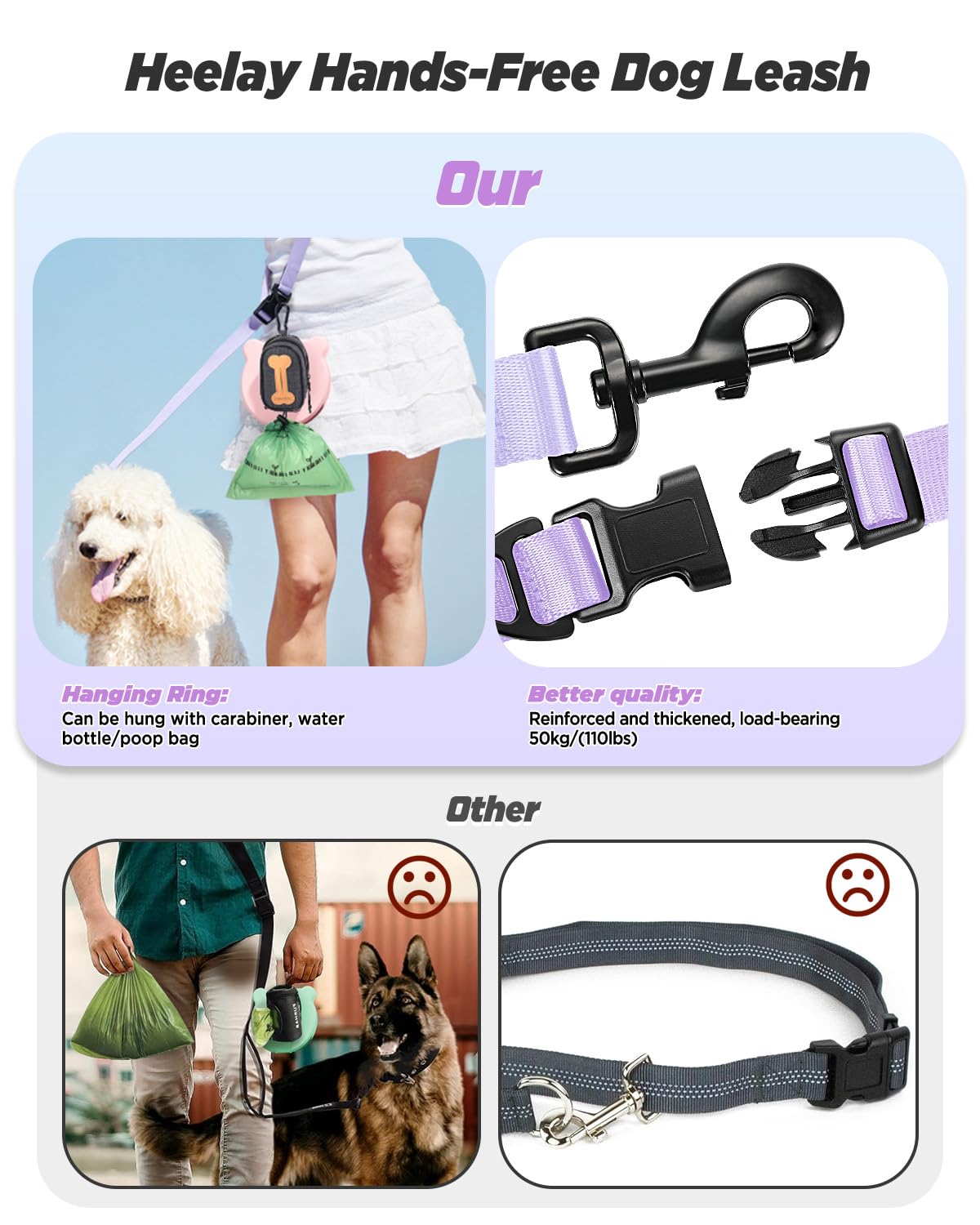 Heelay Hands Free Dog Leash, 8.2ft Multifunctional Crossbody Rope with Explosion-Proof Handle and Adjustable Training Hands Free